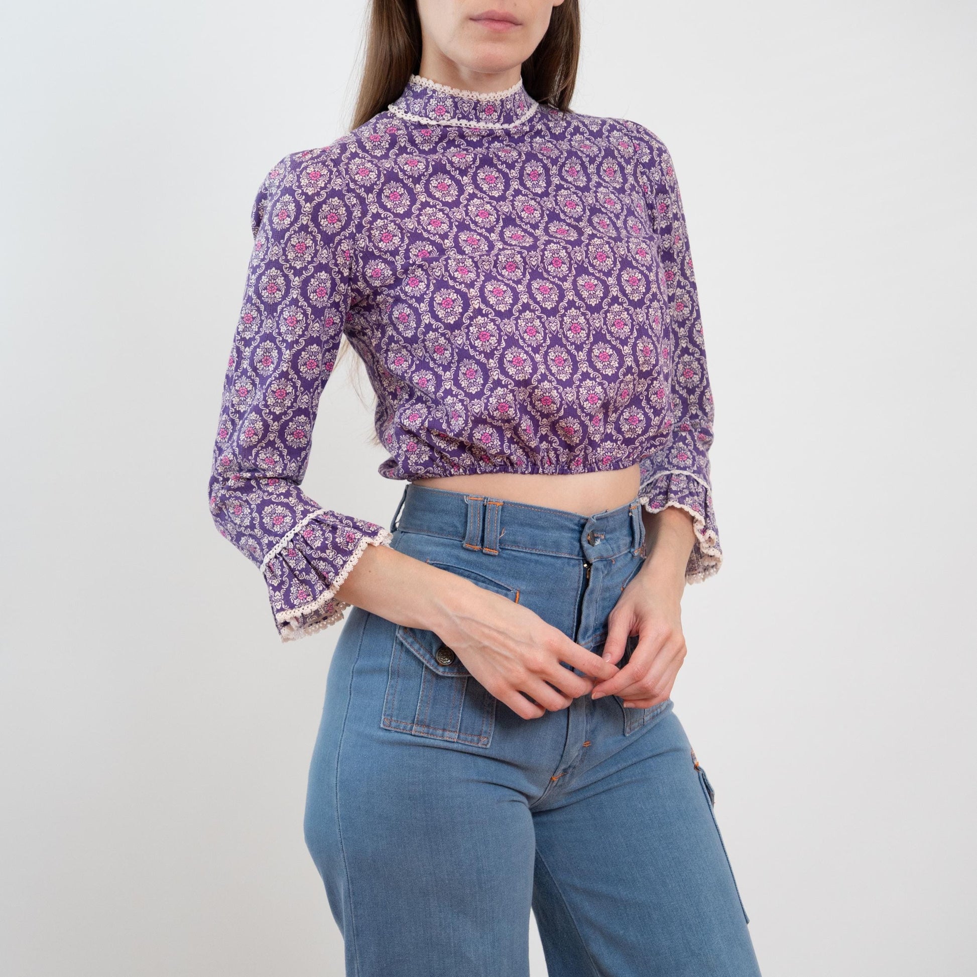 Vintage 60s 70s Purple Baroque Floral Crop Top - Extra Small