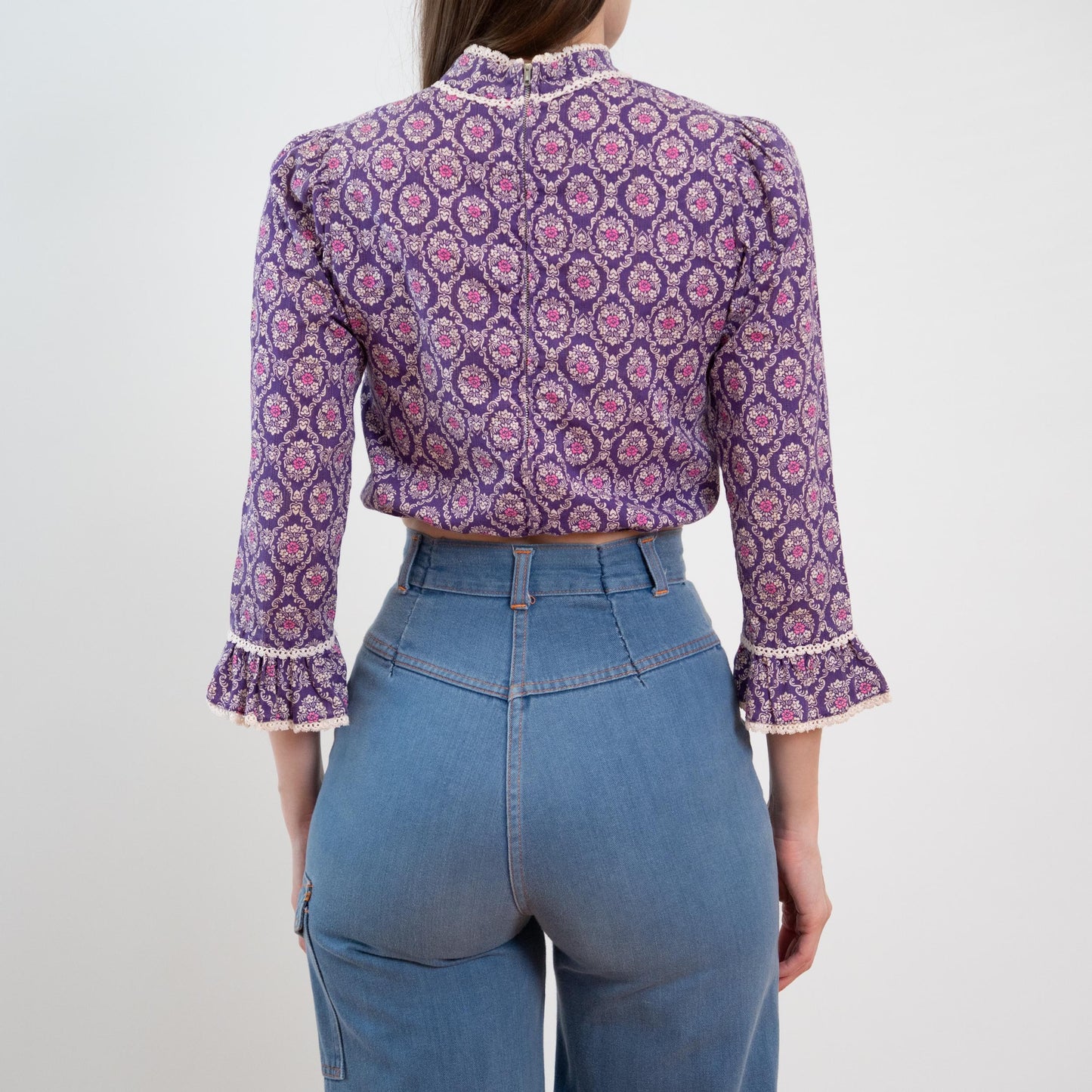 Vintage 60s 70s Purple Baroque Floral Crop Top - Extra Small