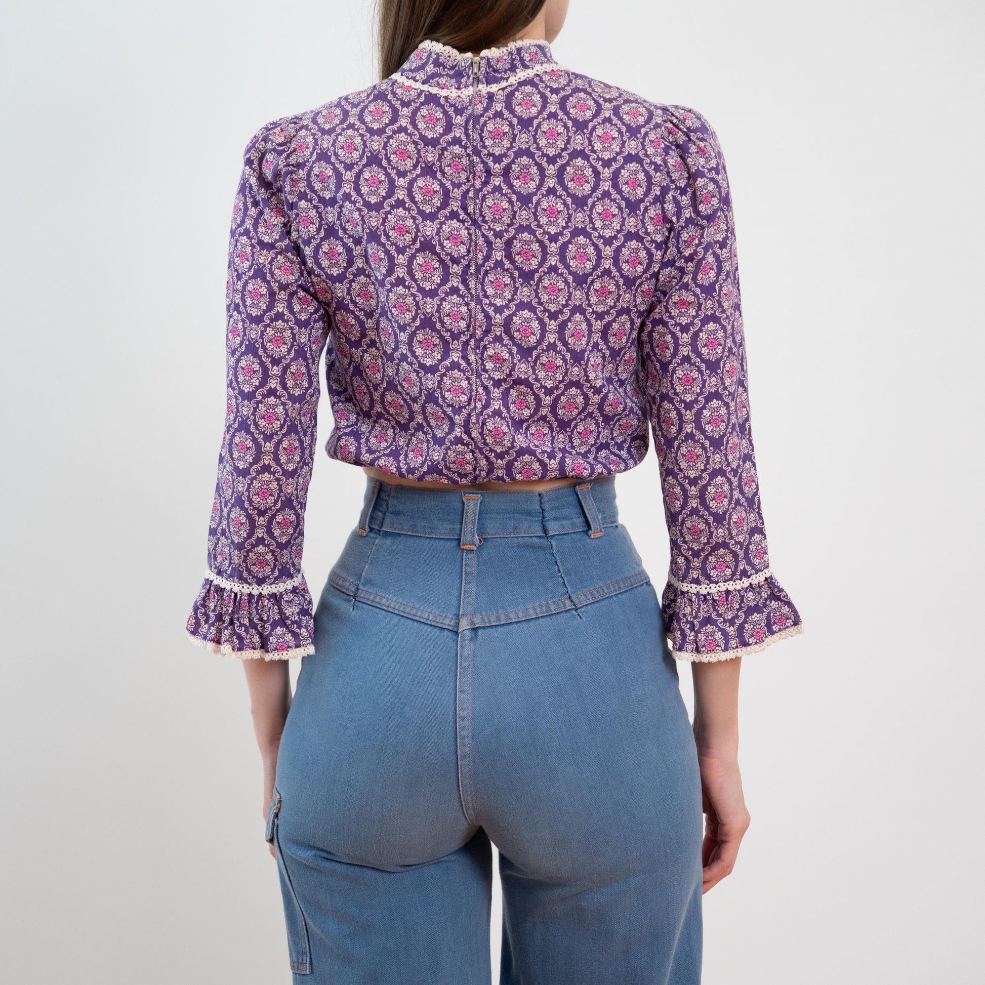 Vintage 60s 70s Purple Baroque Floral Crop Top - Extra Small