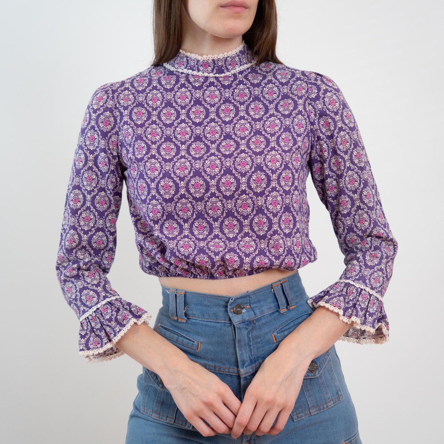 Vintage 60s 70s Purple Baroque Floral Crop Top - Extra Small