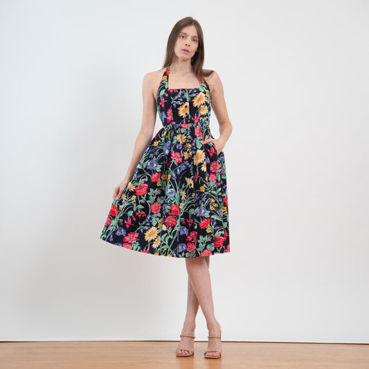 Vintage 80s Black Floral Halter Sundress - Extra Small