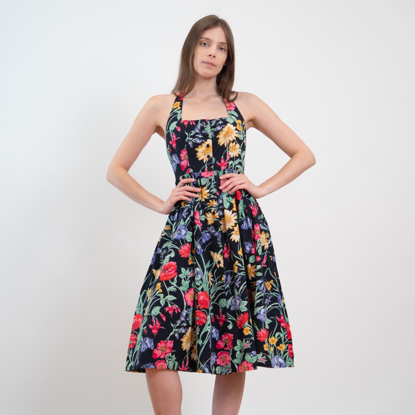 Vintage 80s Black Floral Halter Sundress - Extra Small