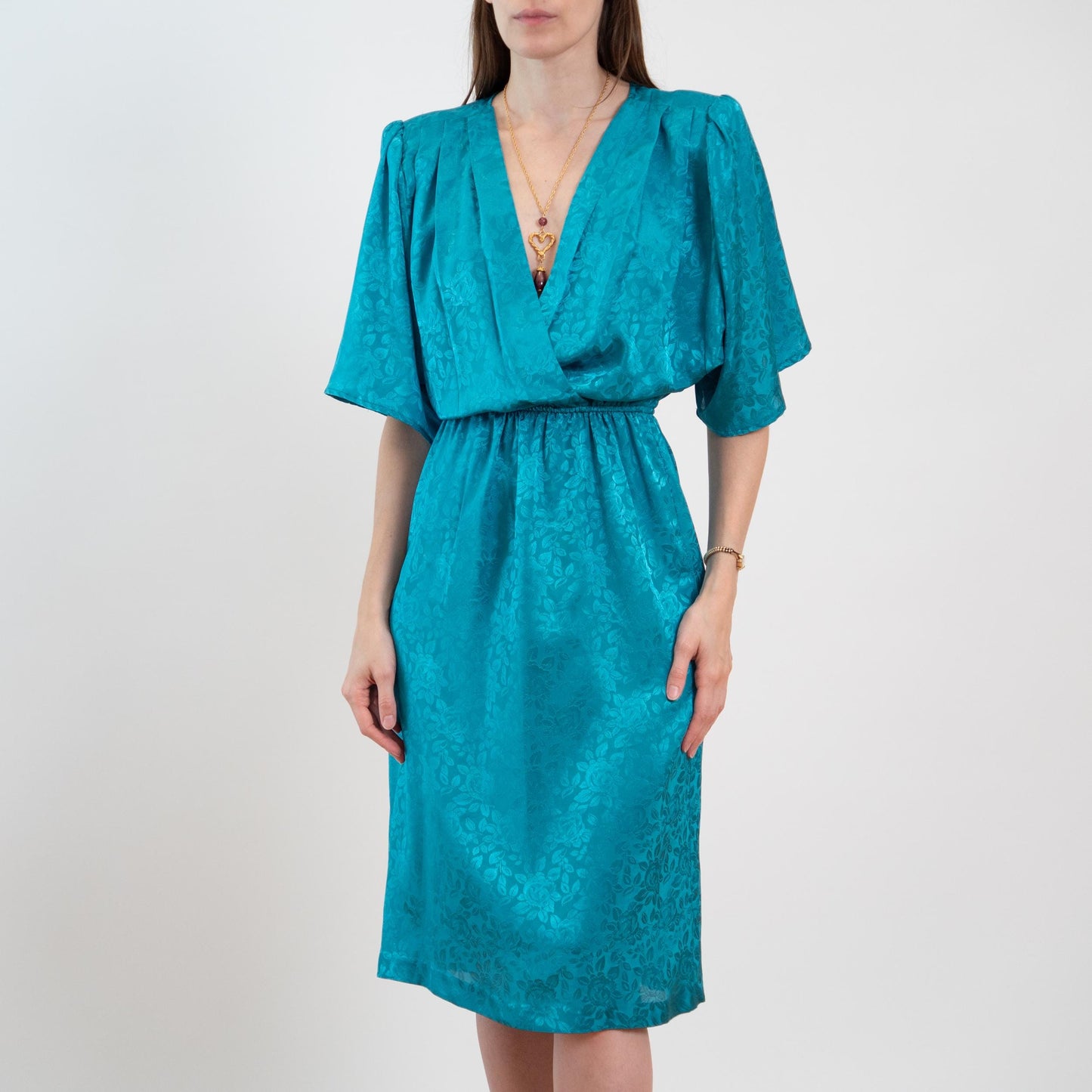 Vintage 80s Turquoise Floral Jacquard Blouson Dress - Medium
