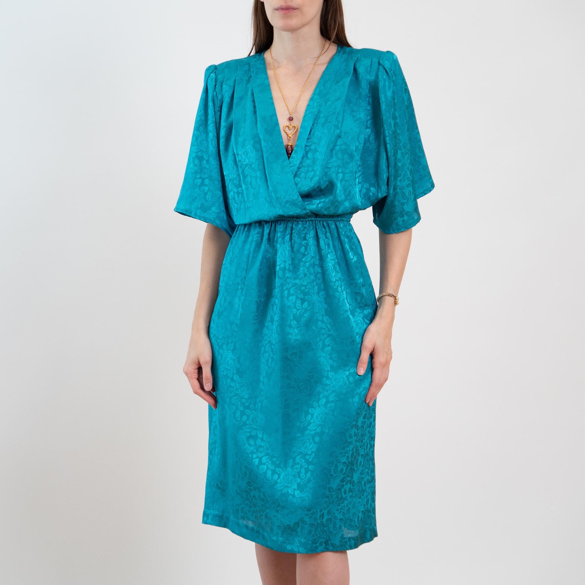 Vintage 80s Turquoise Floral Jacquard Blouson Dress - Medium