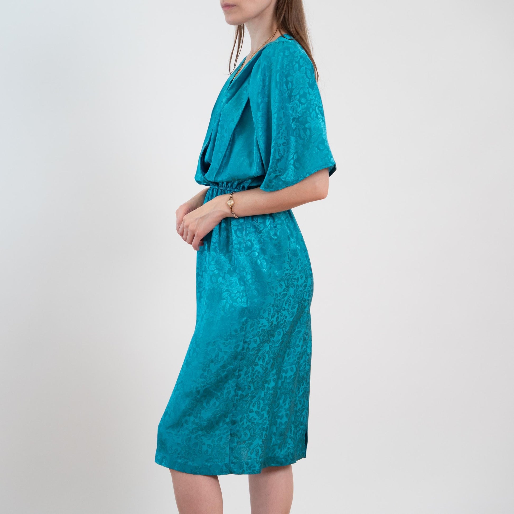 Vintage 80s Turquoise Floral Jacquard Blouson Dress - Medium