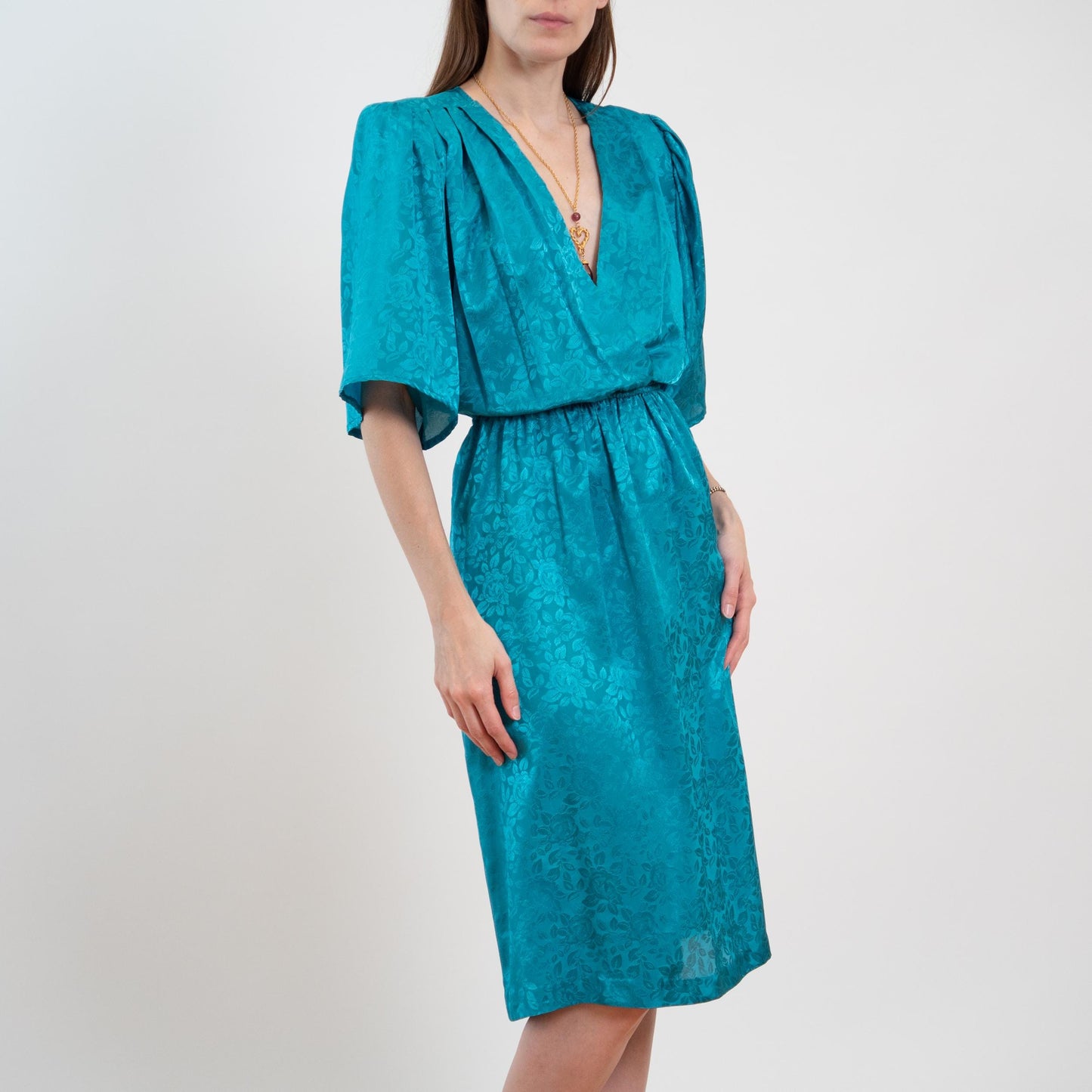 Vintage 80s Turquoise Floral Jacquard Blouson Dress - Medium
