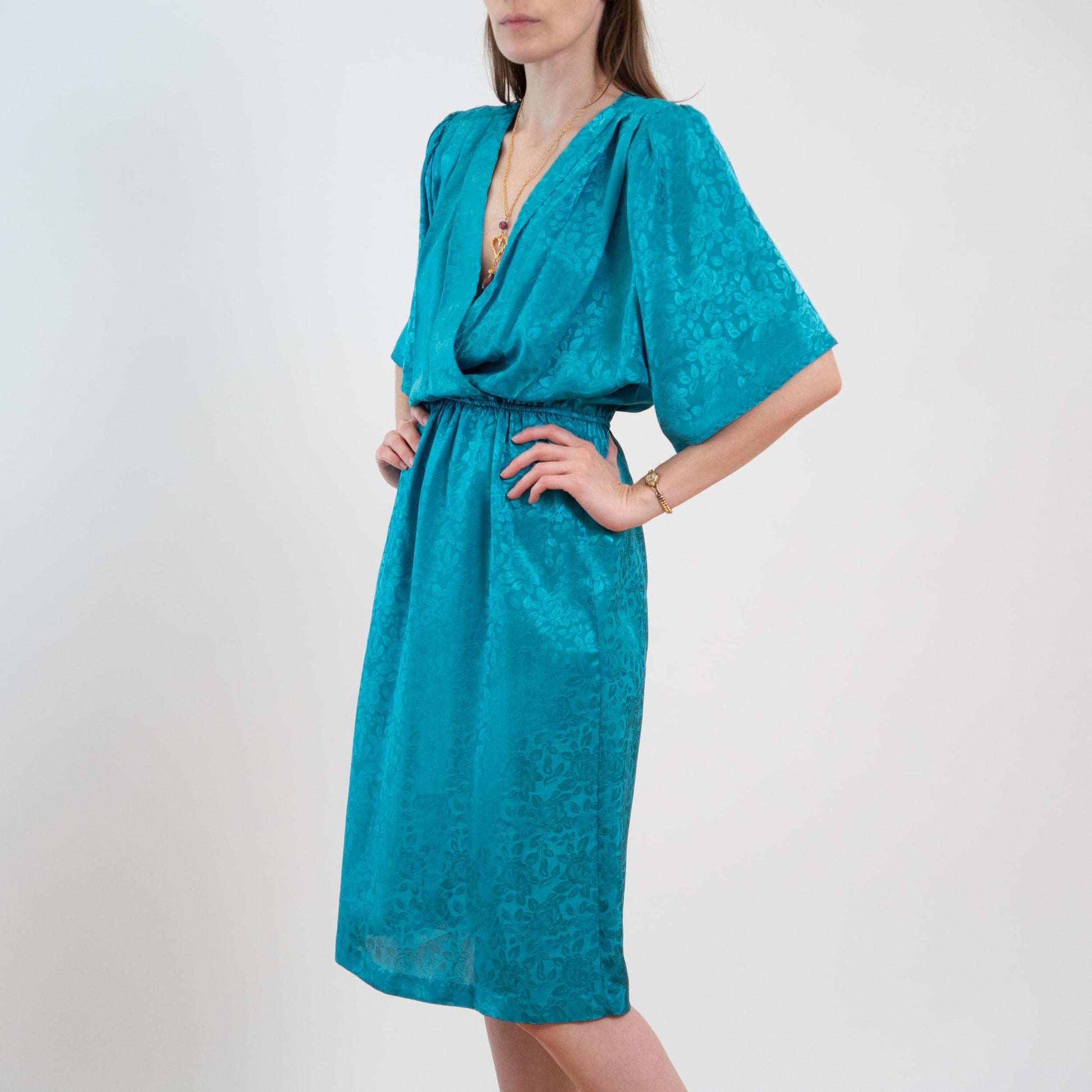 Vintage 80s Turquoise Floral Jacquard Blouson Dress - Medium