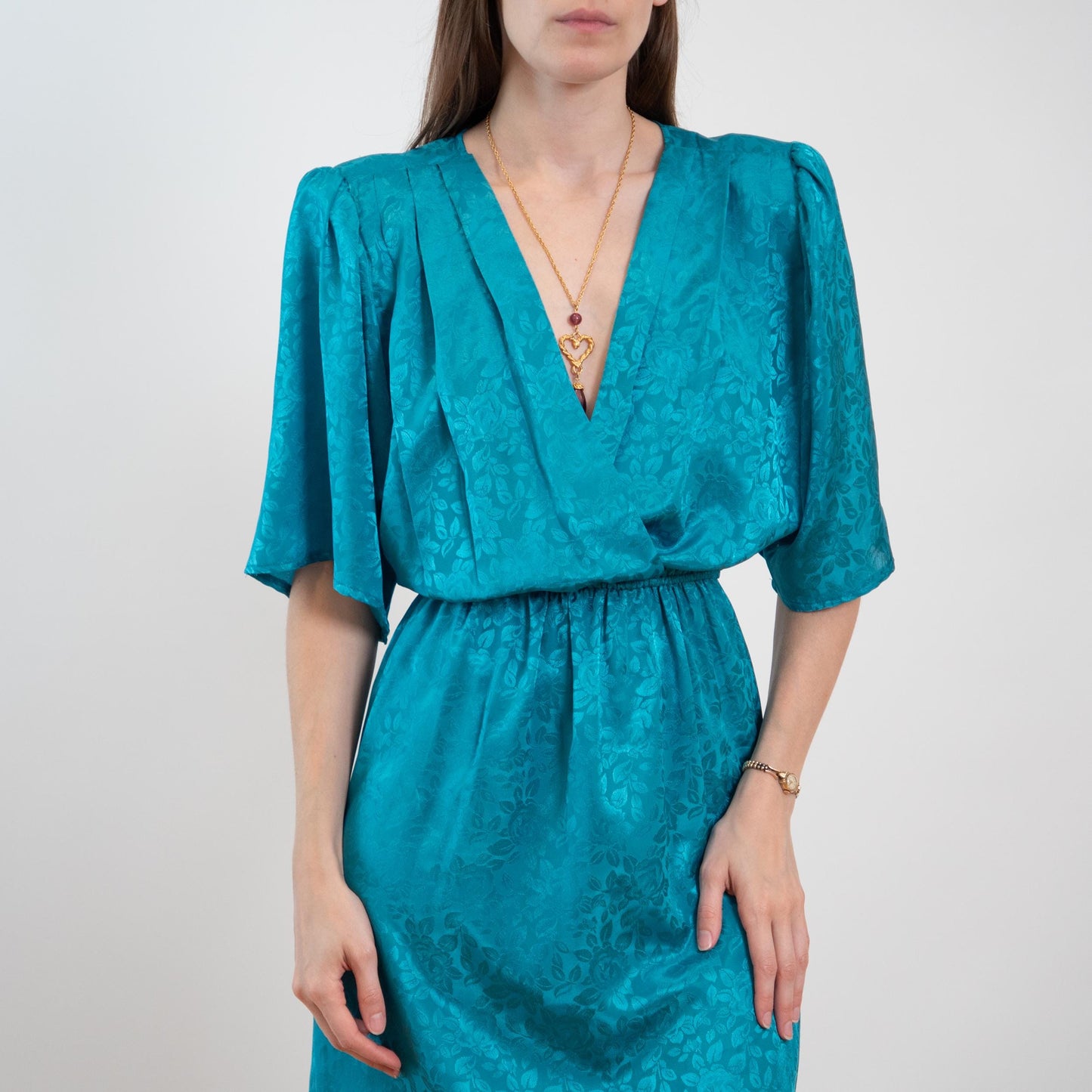 Vintage 80s Turquoise Floral Jacquard Blouson Dress - Medium