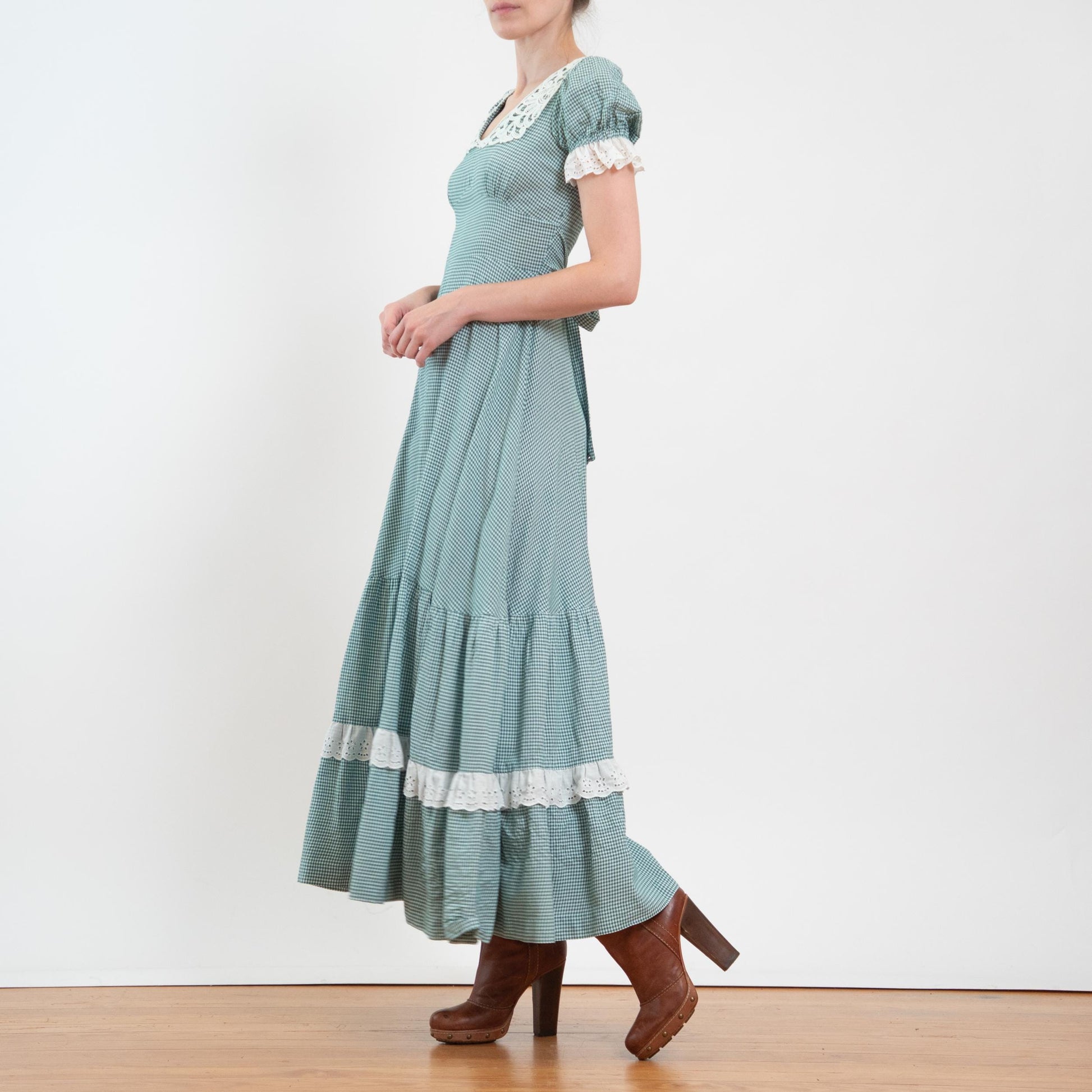 Vintage 60s 70s Gunne Sax Black Label Green Gingham Maxi Dress - Extra Small