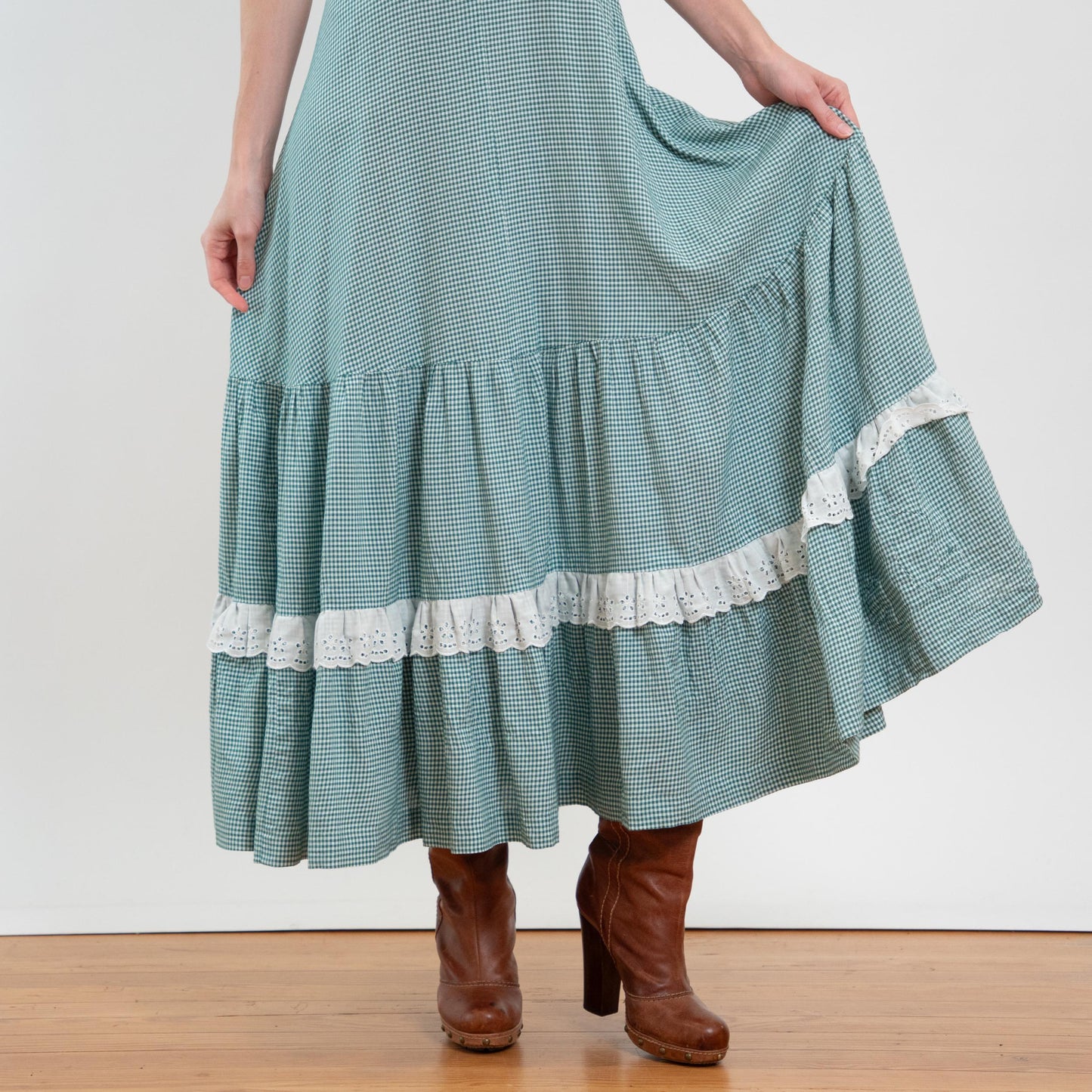 Vintage 60s 70s Gunne Sax Black Label Green Gingham Maxi Dress - Extra Small