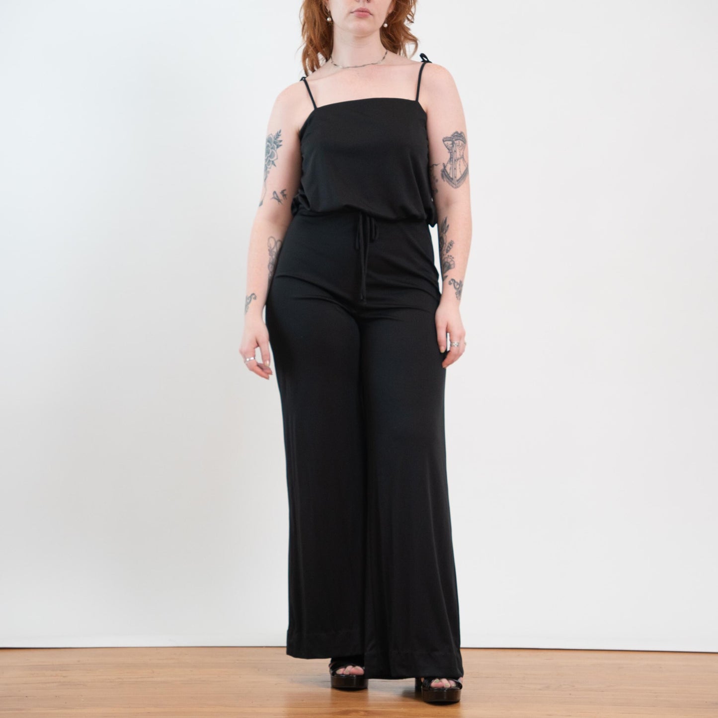Vintage 70s Black Bell Bottom Jumpsuit - Large