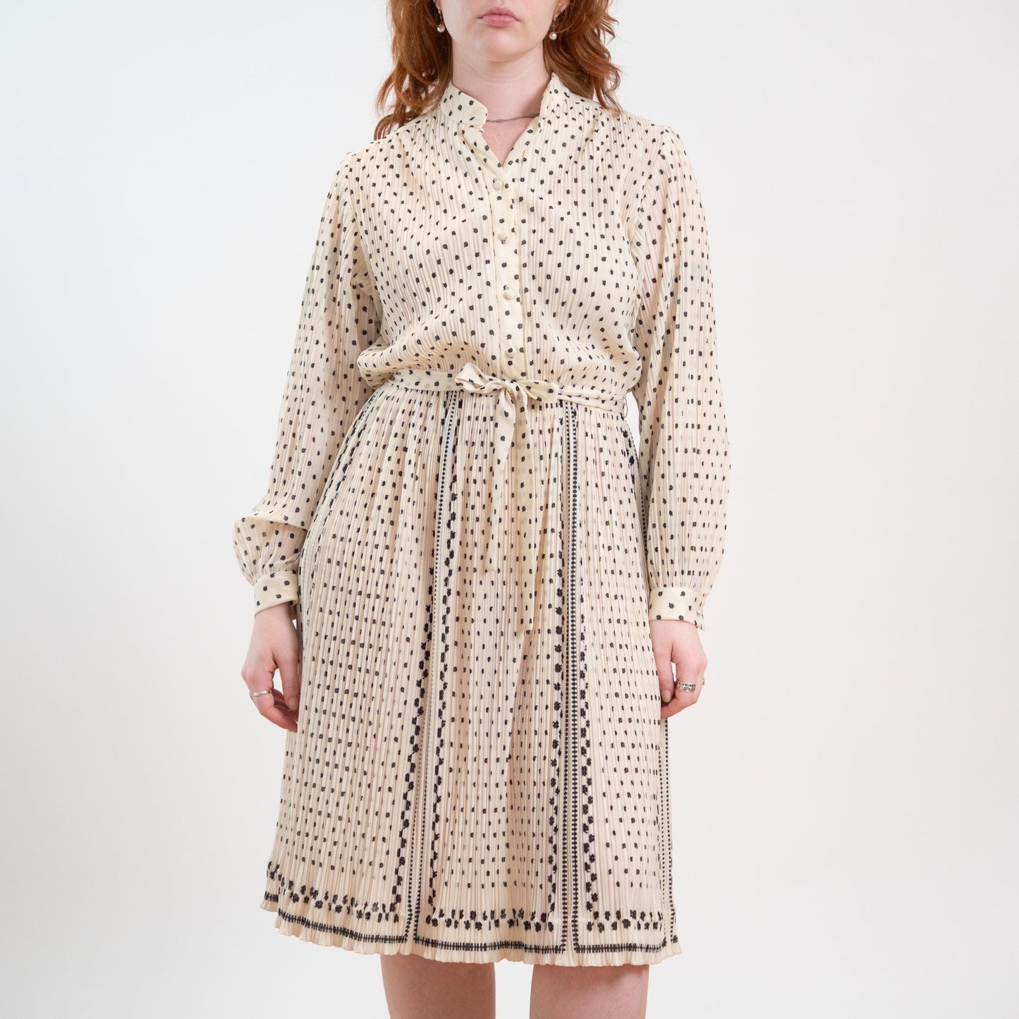 Vintage 70s Hal Ferman Black & White Plisse Floral Shirtdress - Large
