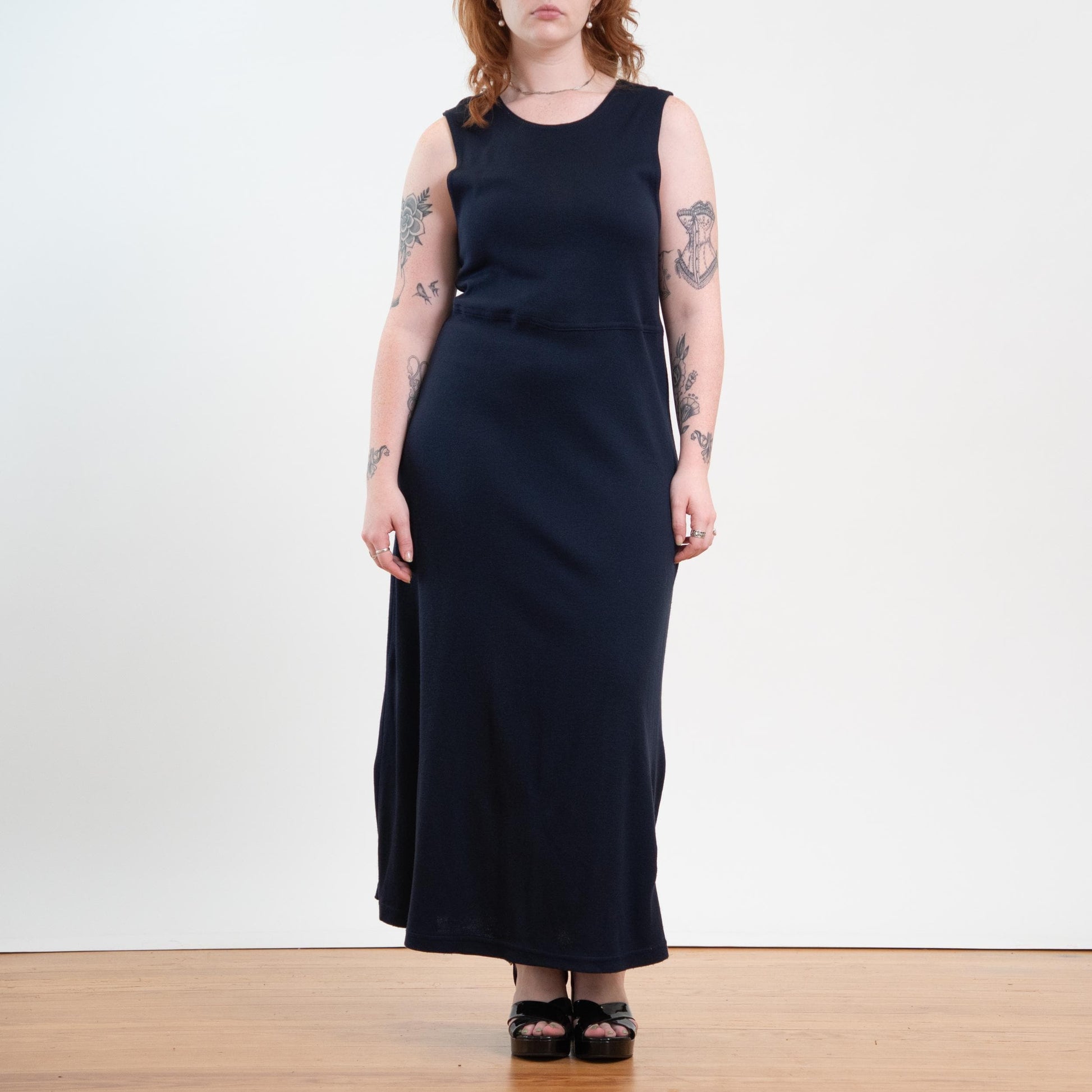 Vintage 90s Midnight Blue Knit Maxi Tank Dress - Extra Large