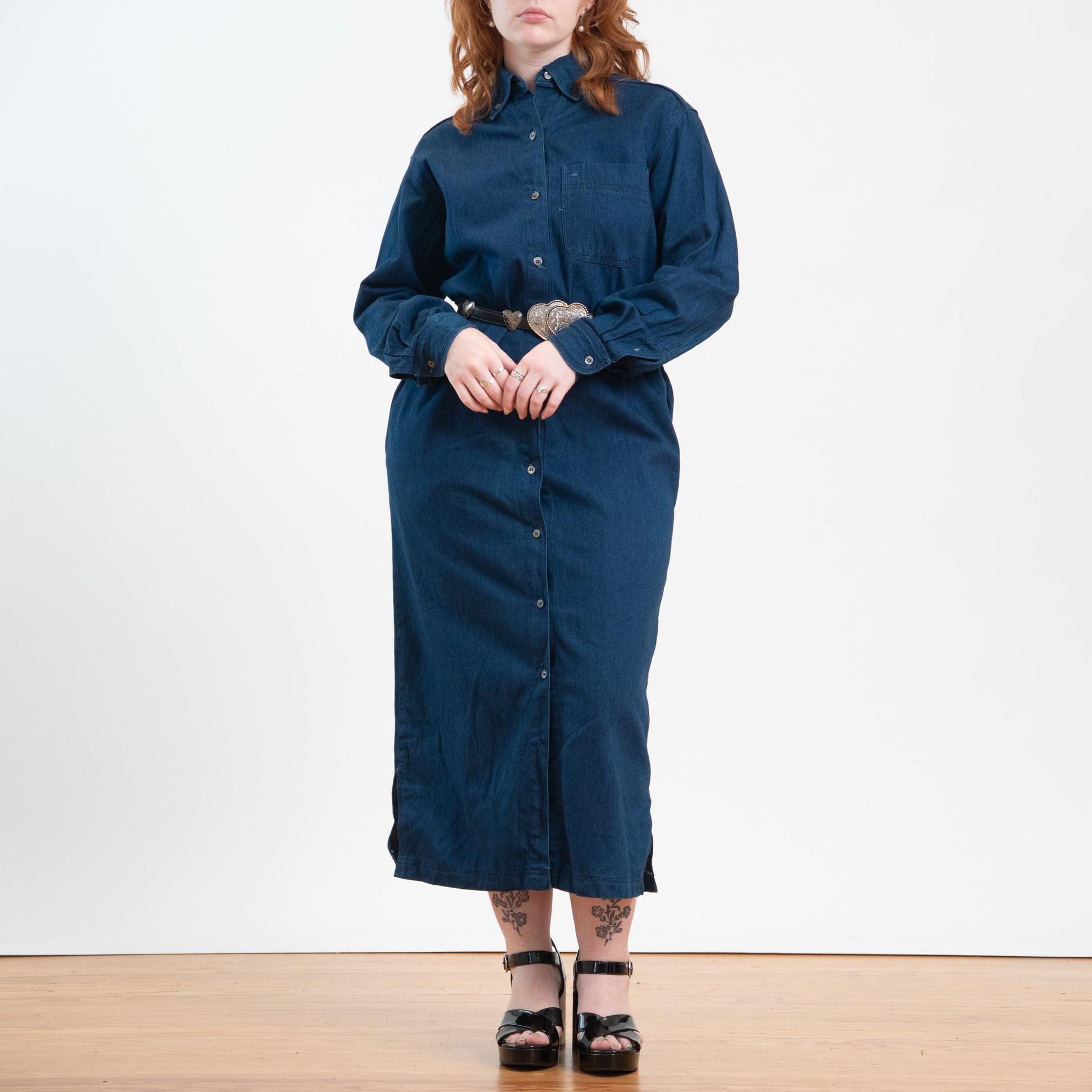 Vintage 90s J. Crew Dark Wash Chambray Maxi Shirtdress - Medium