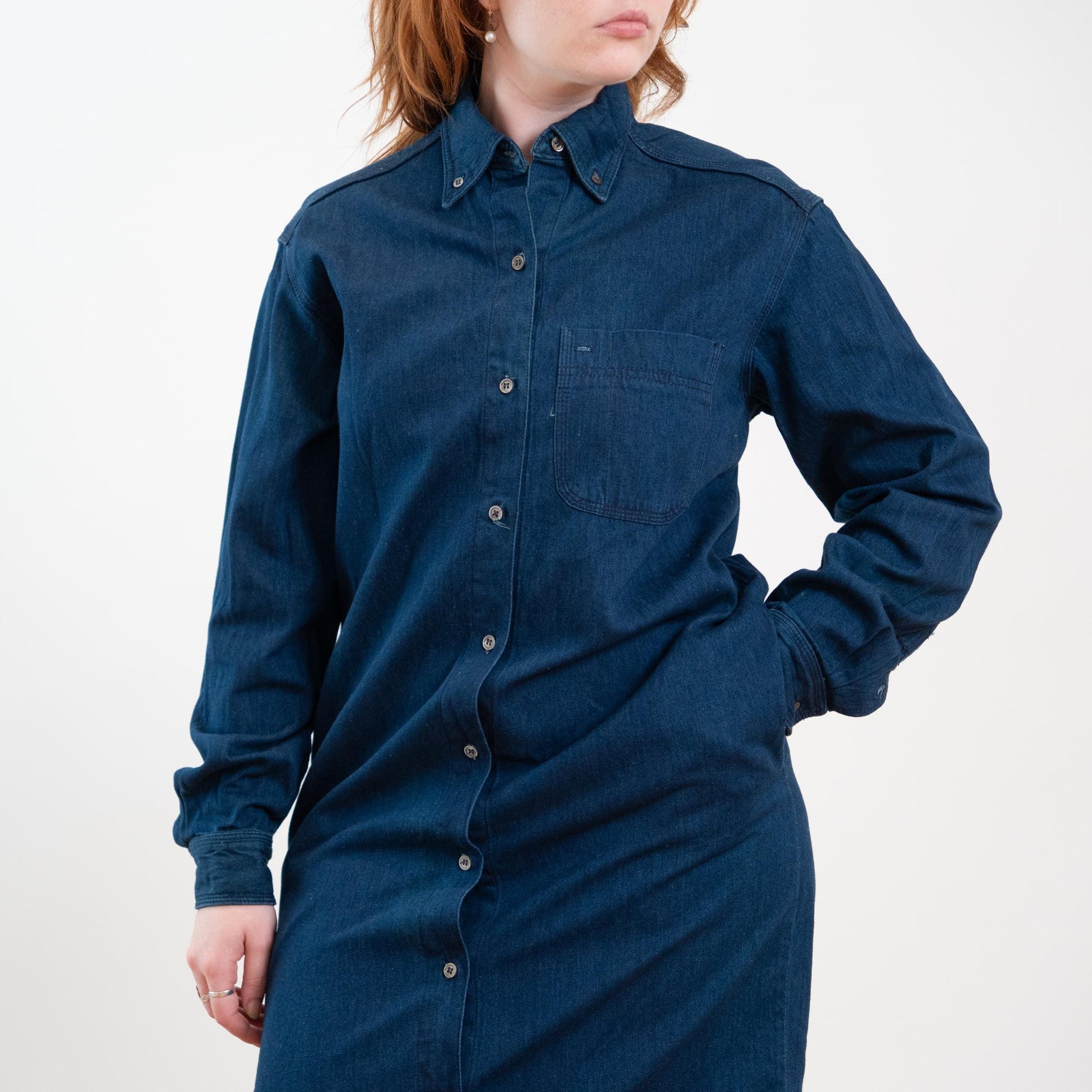 Vintage 90s J. Crew Dark Wash Chambray Maxi Shirtdress - Medium