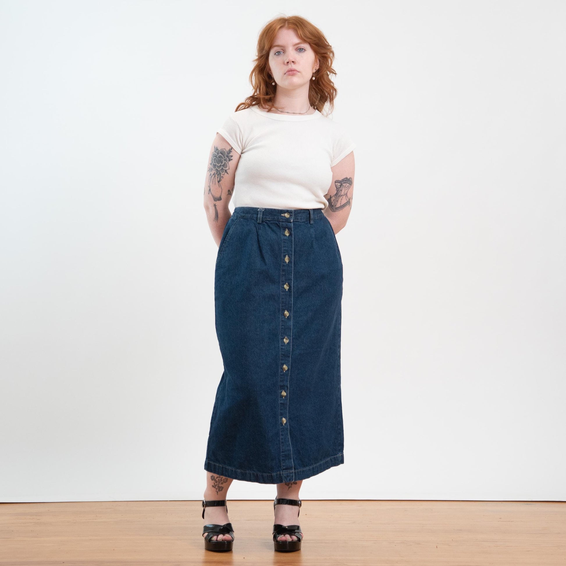 Vintage 90s Denim Button Front Maxi Skirt - Large