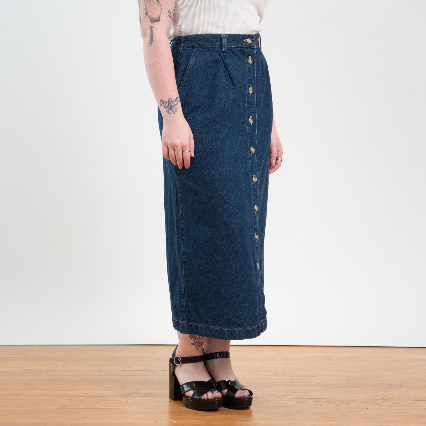 Vintage 90s Denim Button Front Maxi Skirt - Large