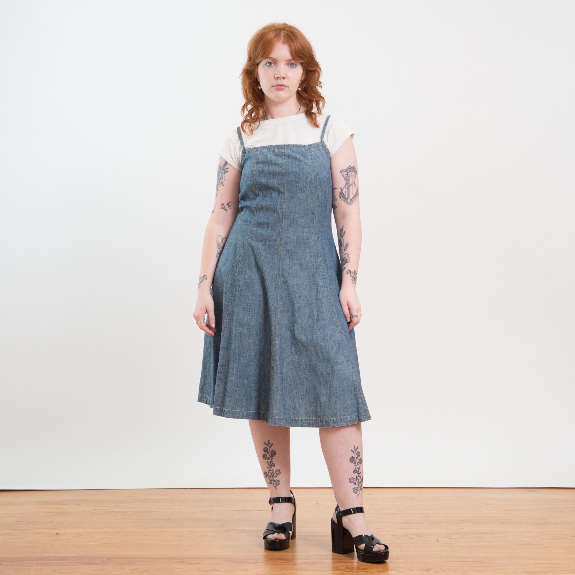 Vintage Y2K Ralph Lauren Chambray Pinafore Midi Dress - Small to Medium