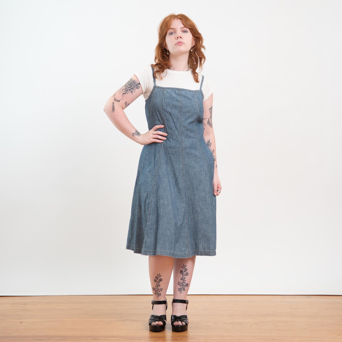 Vintage Y2K Ralph Lauren Chambray Pinafore Midi Dress - Small to Medium