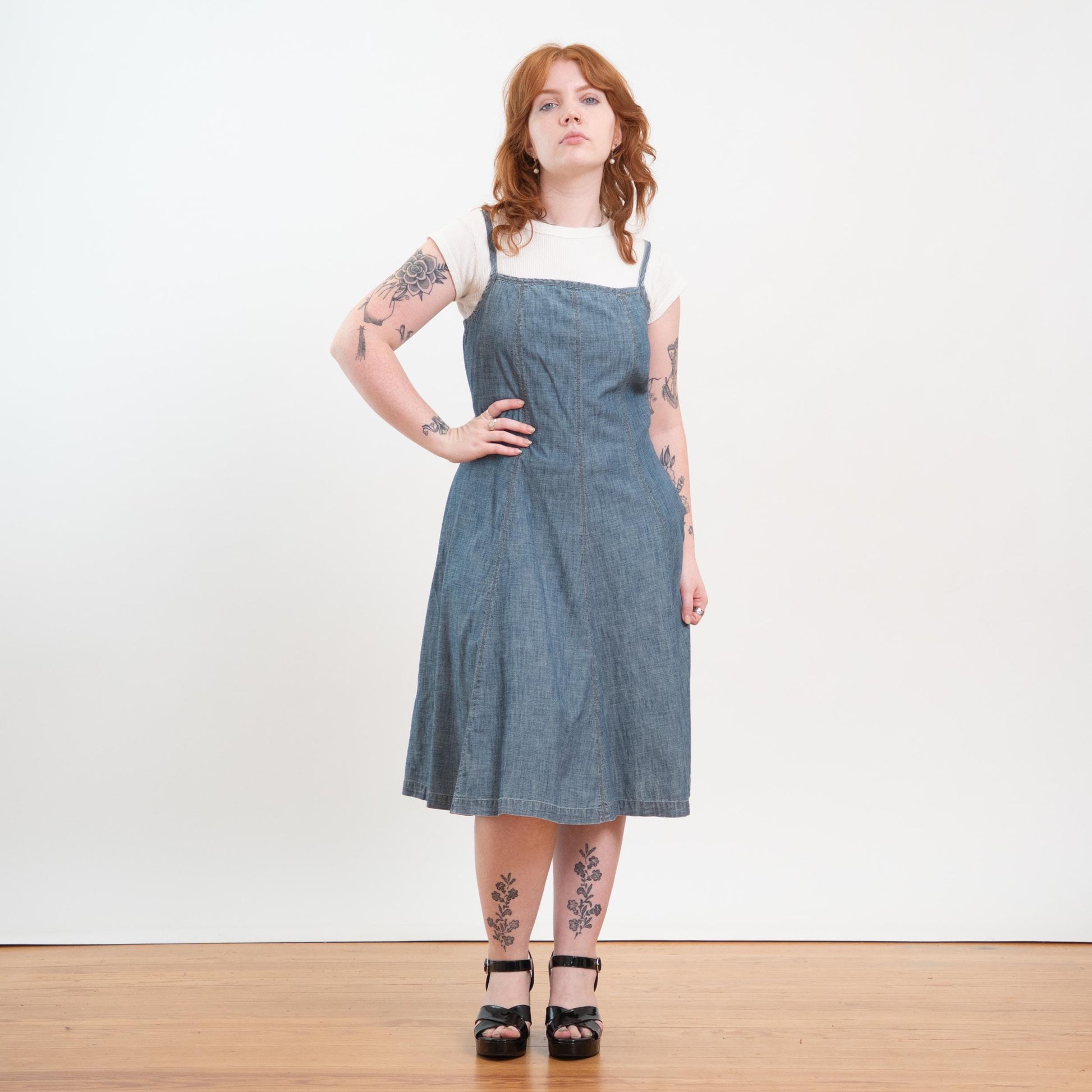 Vintage Y2K Ralph Lauren Chambray Pinafore Midi Dress - Small to Medium
