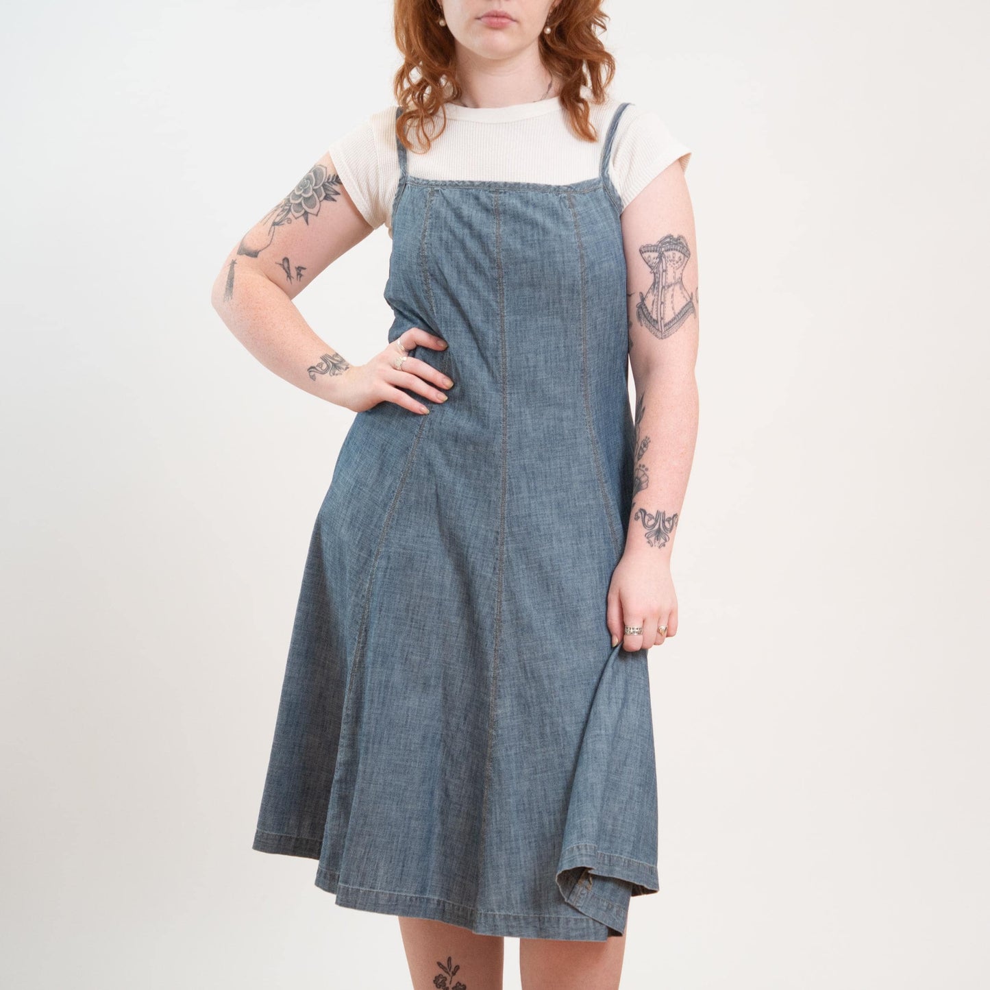 Vintage Y2K Ralph Lauren Chambray Pinafore Midi Dress - Small to Medium