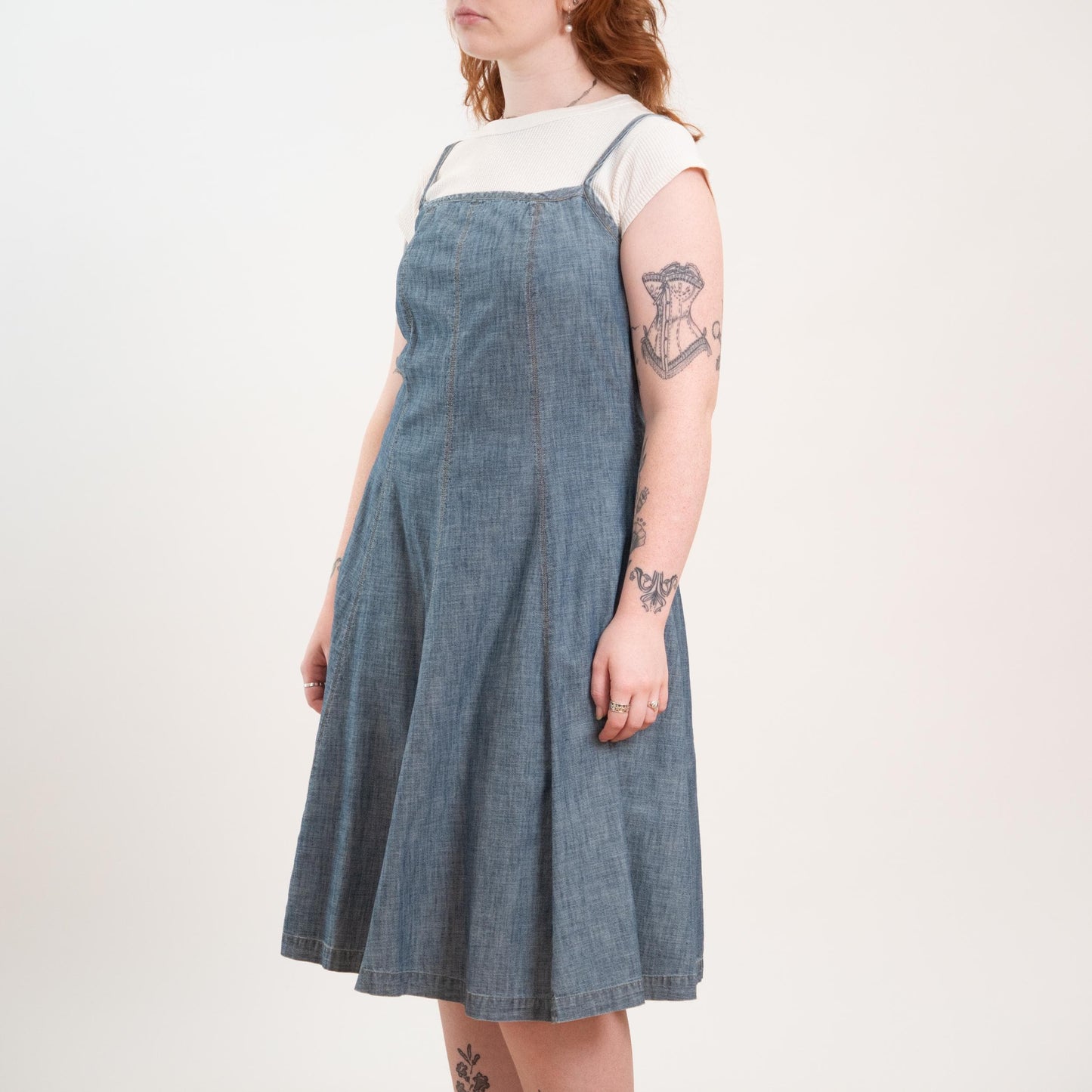Vintage Y2K Ralph Lauren Chambray Pinafore Midi Dress - Small to Medium