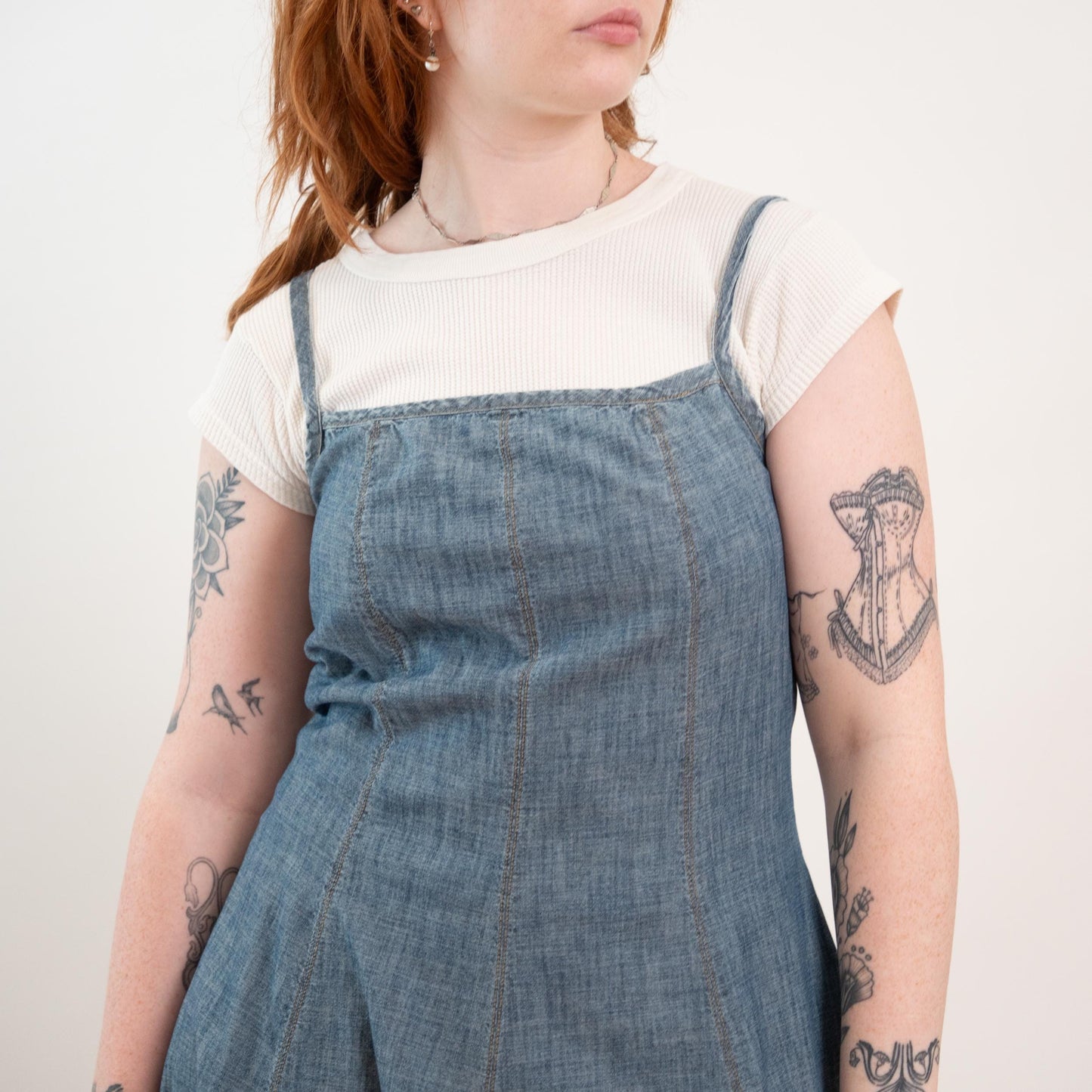 Vintage Y2K Ralph Lauren Chambray Pinafore Midi Dress - Small to Medium