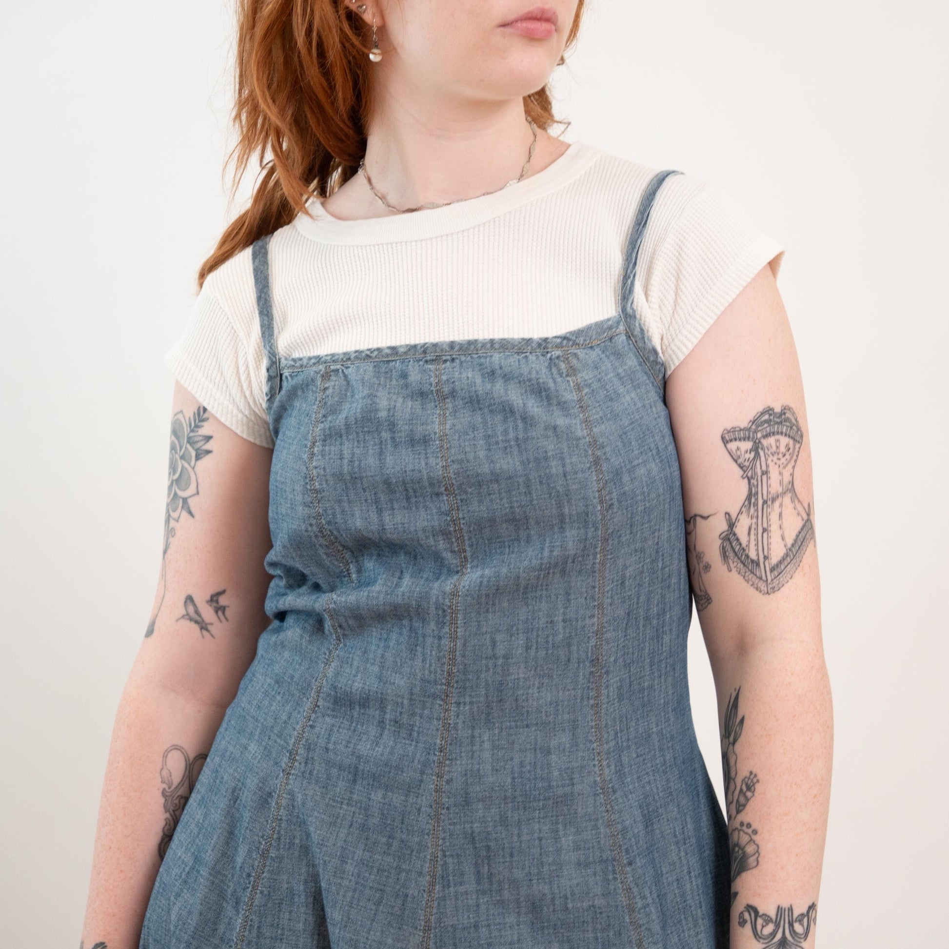 Vintage Y2K Ralph Lauren Chambray Pinafore Midi Dress - Small to Medium