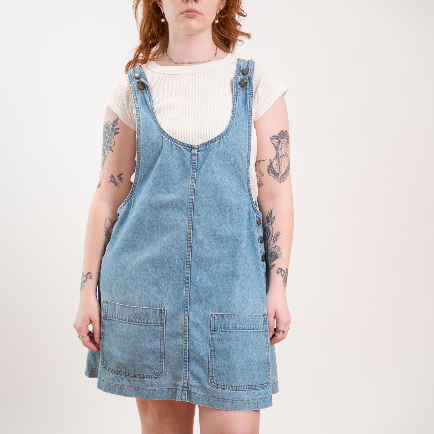 Vintage 90s Light Wash Denim Overall Mini Dress - 1X