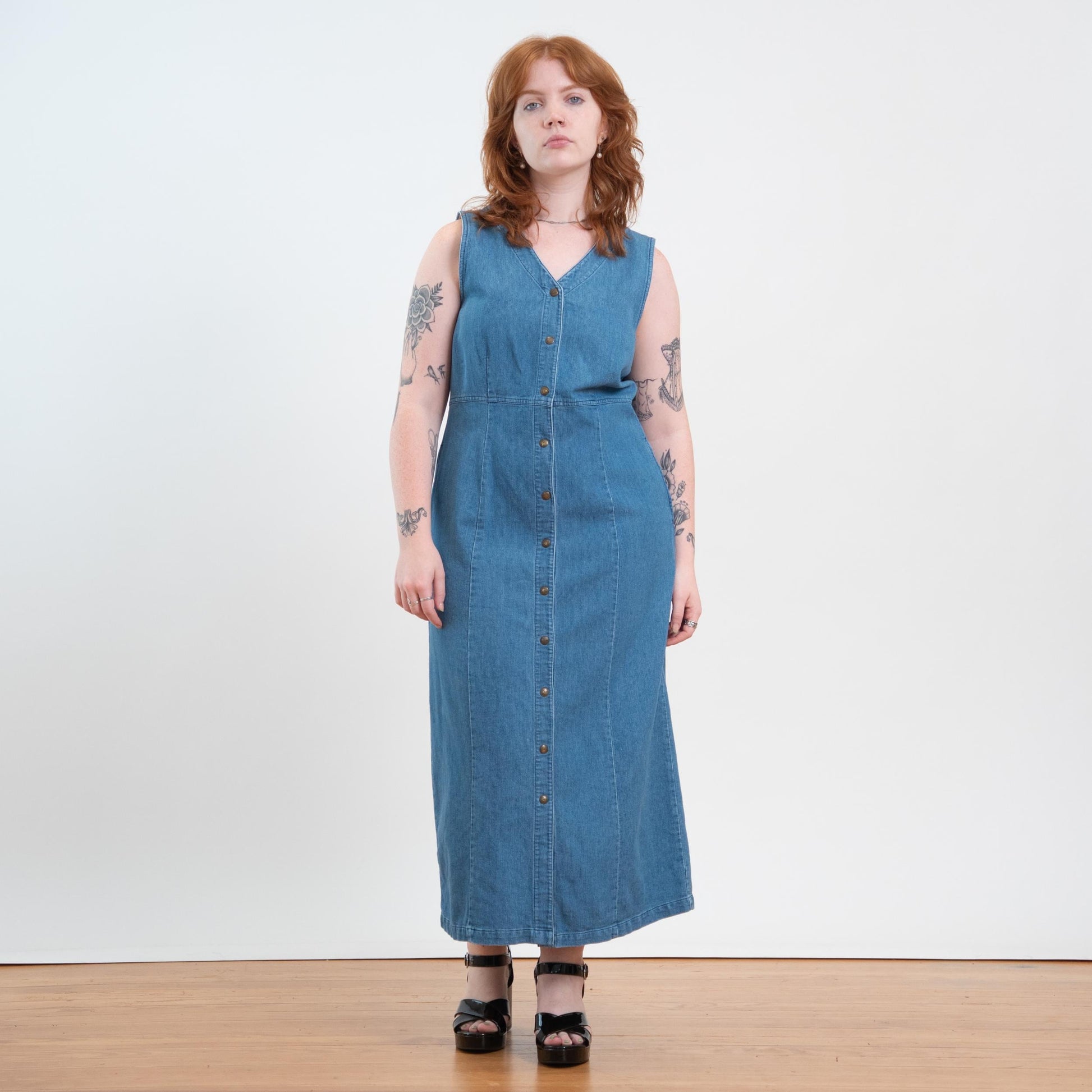 Vintage 90s Ribbed Chambray Maxi Pinafore Dress - Large