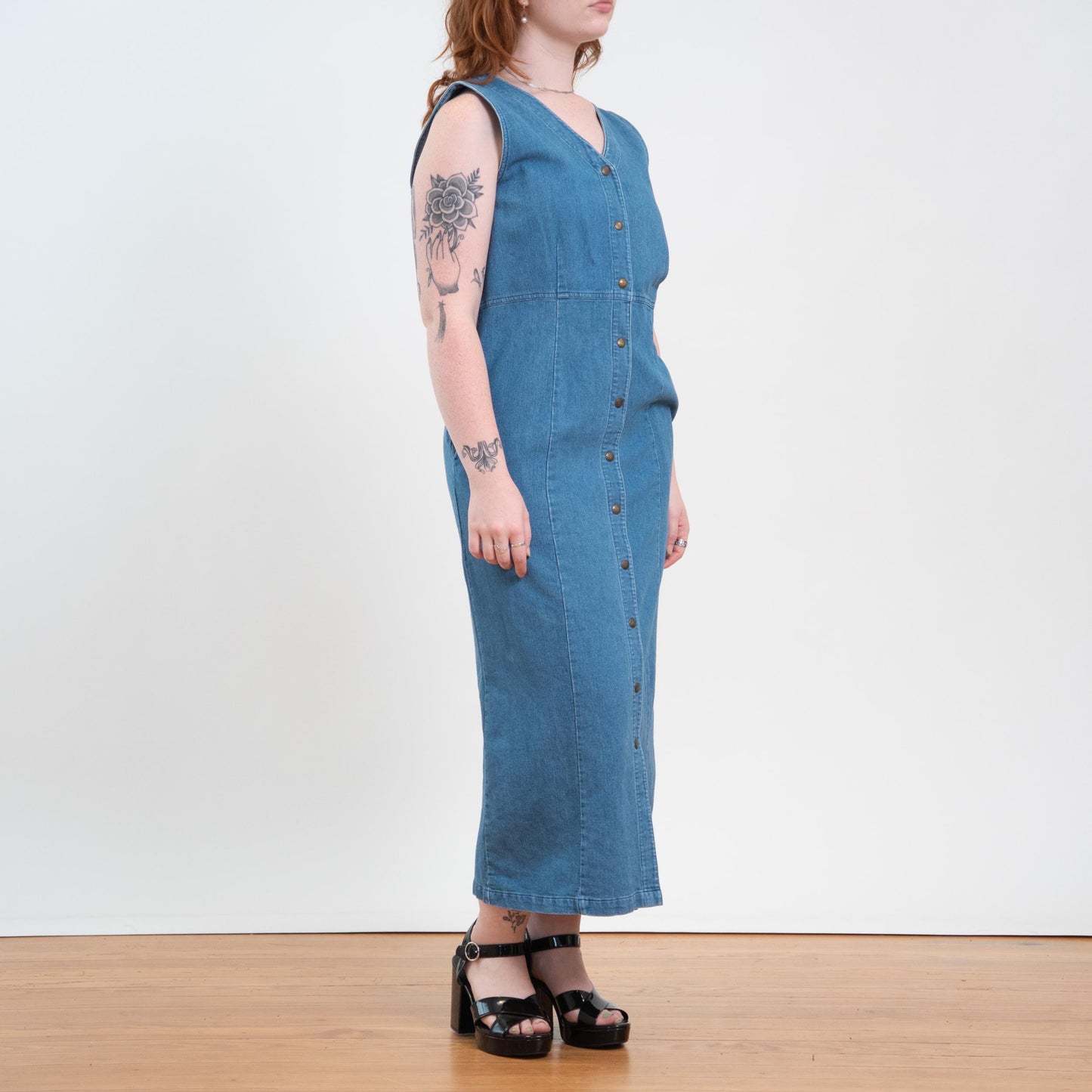 Vintage 90s Ribbed Chambray Maxi Pinafore Dress - Large