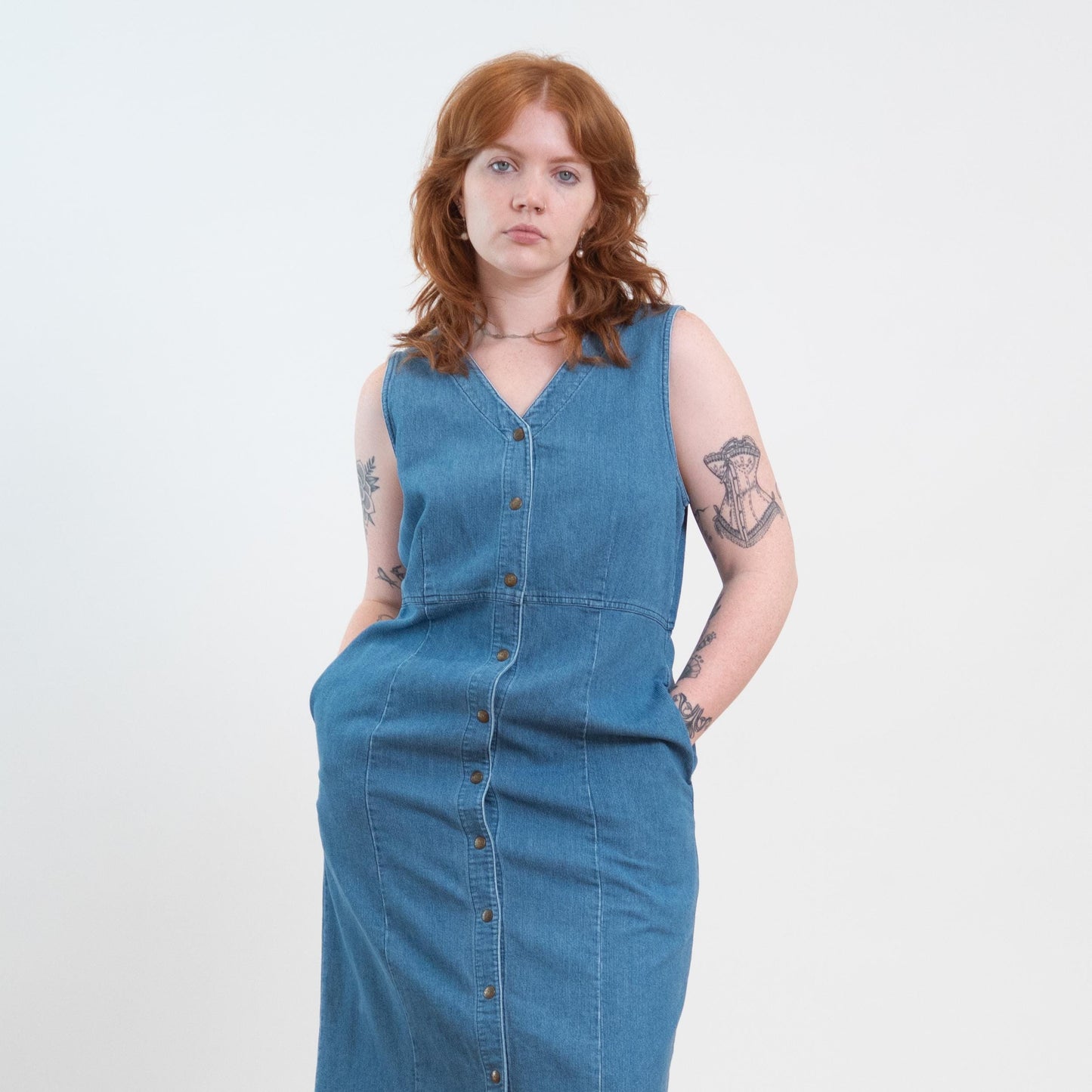 Vintage 90s Ribbed Chambray Maxi Pinafore Dress - Large