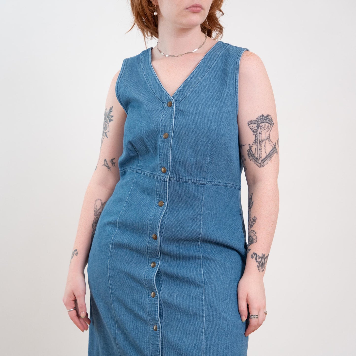 Vintage 90s Ribbed Chambray Maxi Pinafore Dress - Large
