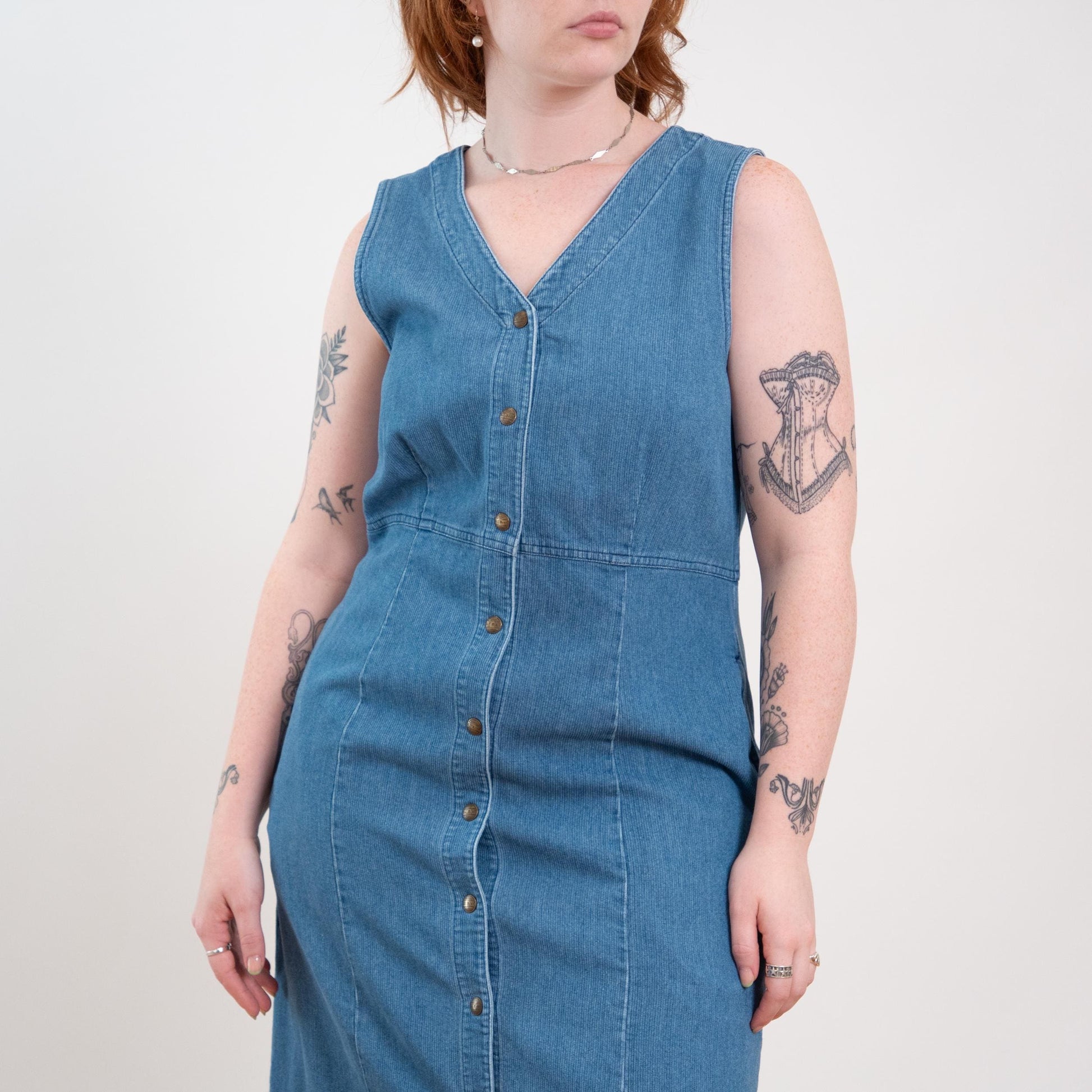 Vintage 90s Ribbed Chambray Maxi Pinafore Dress - Large