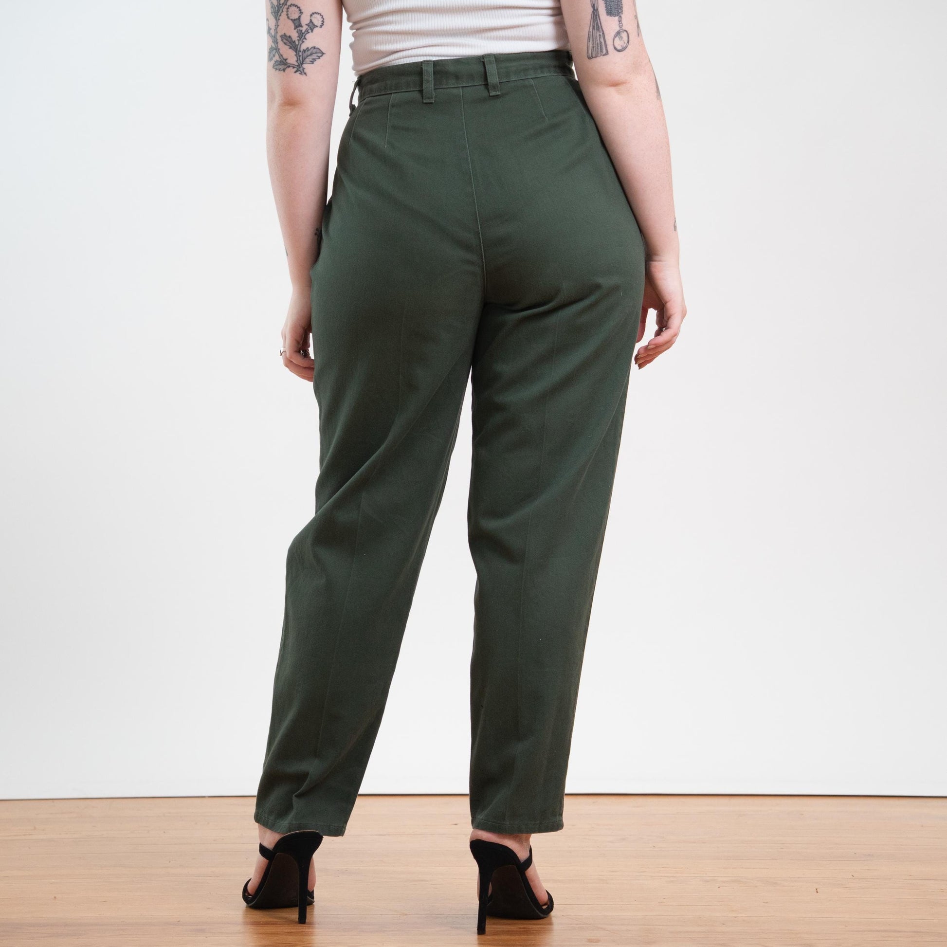 Vintage 90s Army Green Twill Pleated Trousers - Size 11/12, 30" Waist