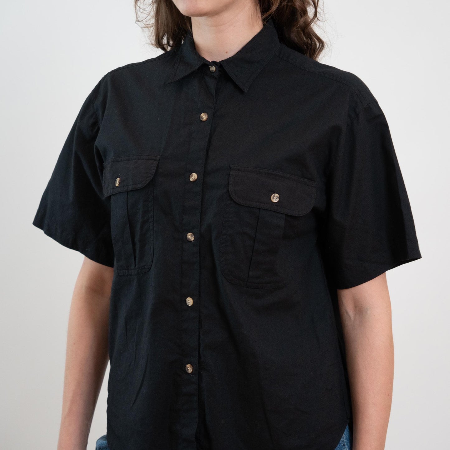 Vintage 80s Black Cotton Patch Pocket Shirt - Medium