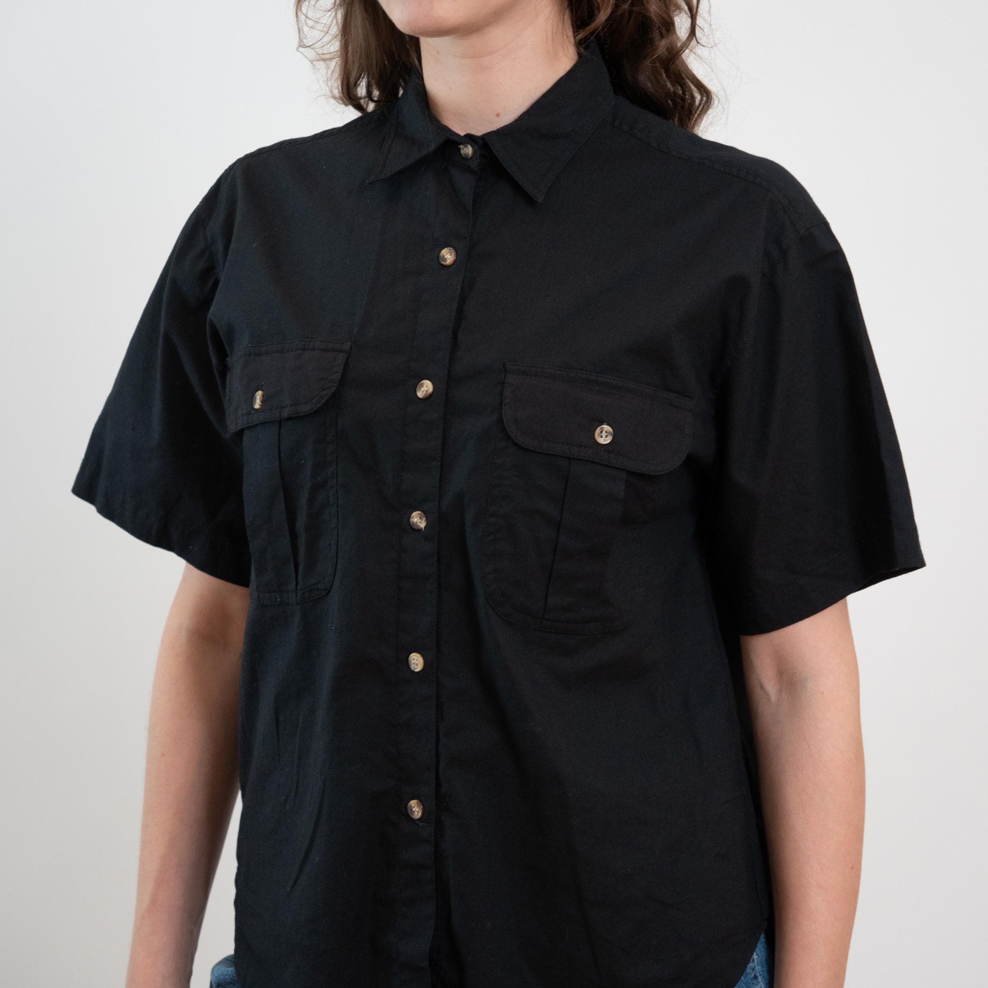 Vintage 80s Black Cotton Patch Pocket Shirt - Medium