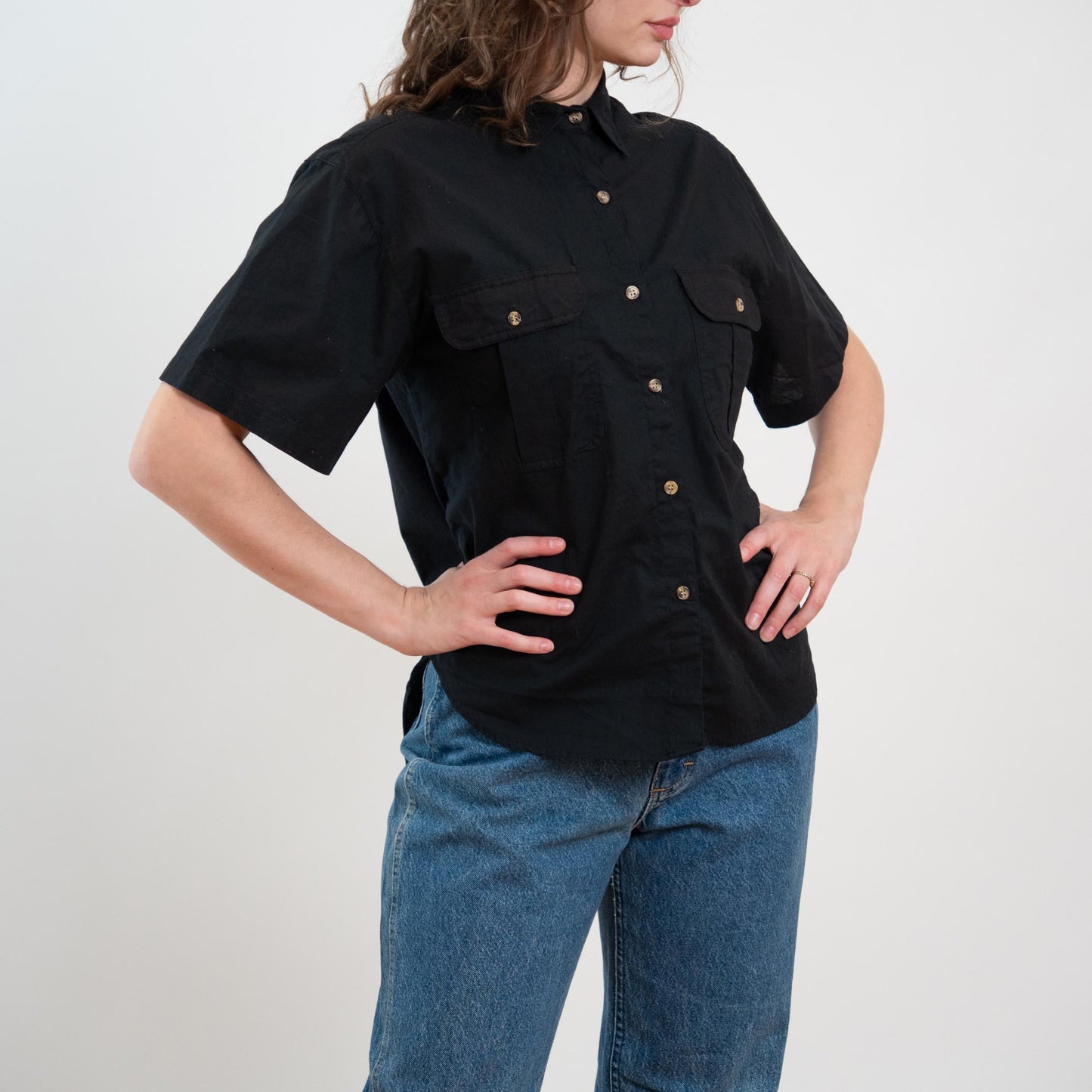 Vintage 80s Black Cotton Patch Pocket Shirt - Medium