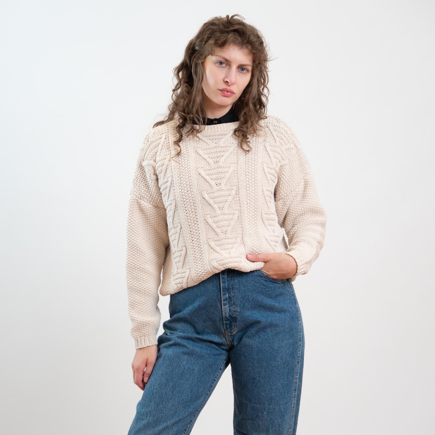 Vintage 90s Cream Silk & Cotton Cable Knit Sweater - Medium