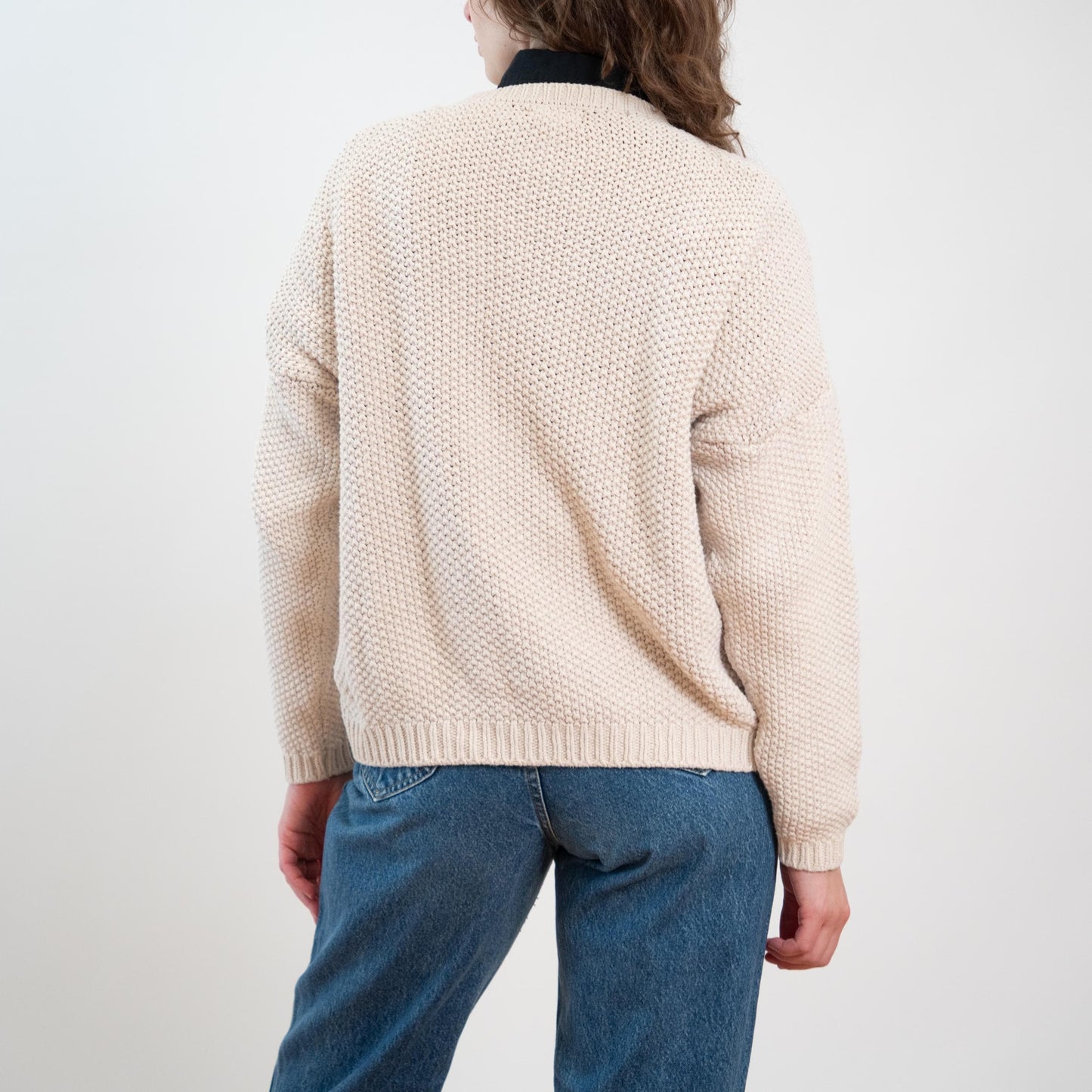 Vintage 90s Cream Silk & Cotton Cable Knit Sweater - Medium