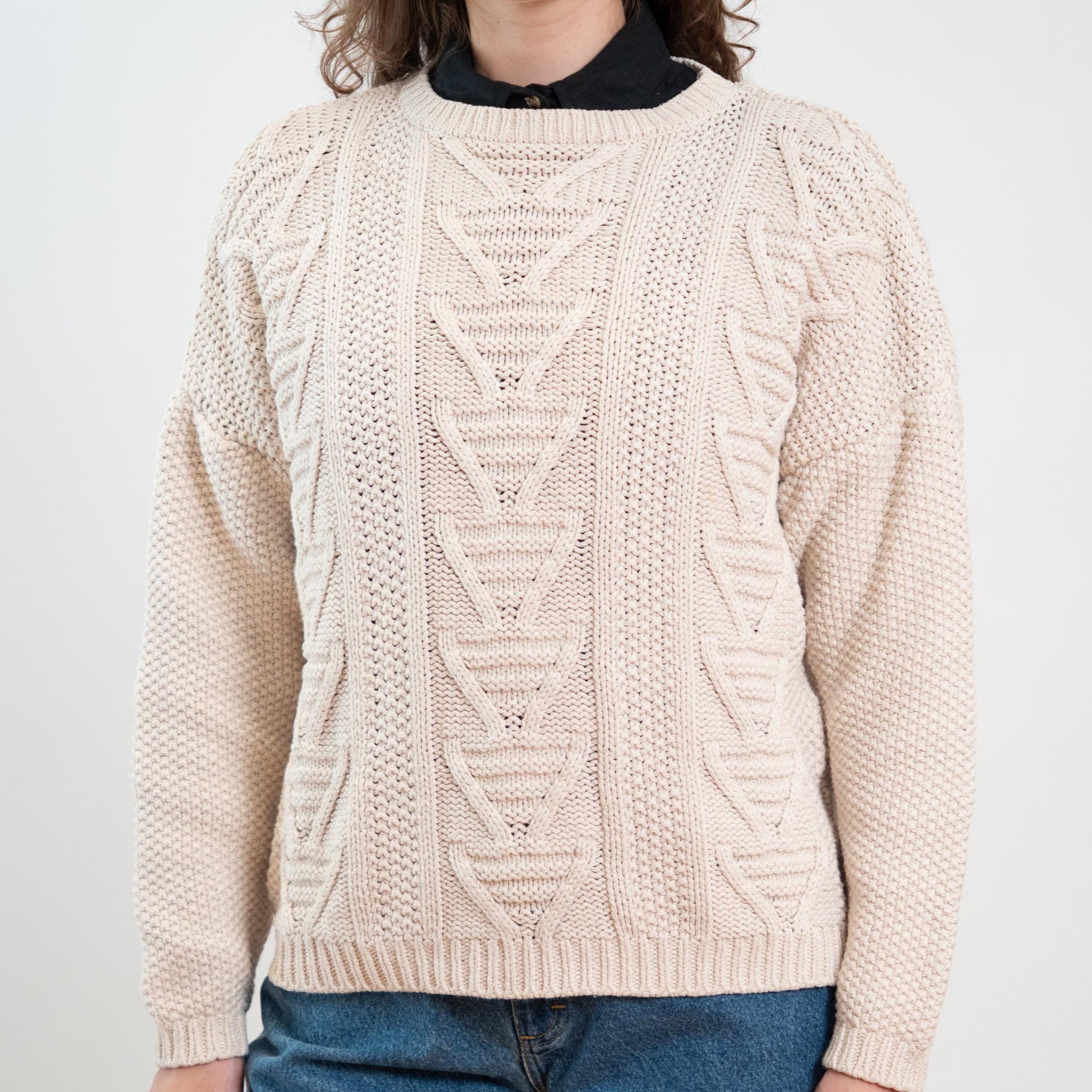 Vintage 90s Cream Silk & Cotton Cable Knit Sweater - Medium