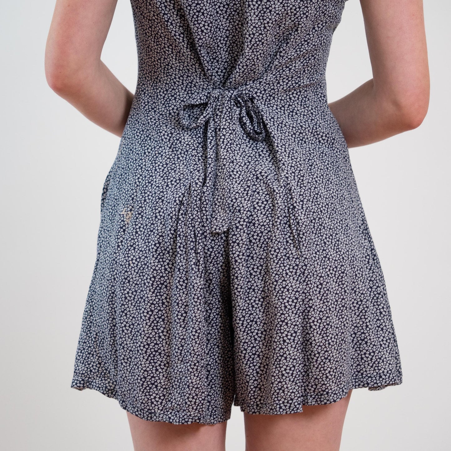 Vintage 90s Navy Blue & White Ditsy Floral Romper - Small to Medium