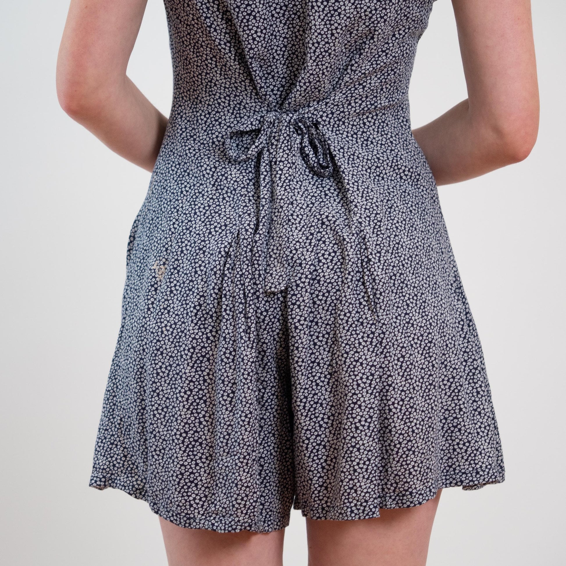 Vintage 90s Navy Blue & White Ditsy Floral Romper - Small to Medium
