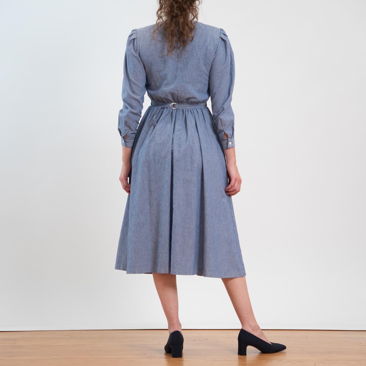 Vintage 80s Does 40s Lanz Blue Pinstriped Jacket-Front Dress - Medium | Two In One Chambray Midi Shirtdress