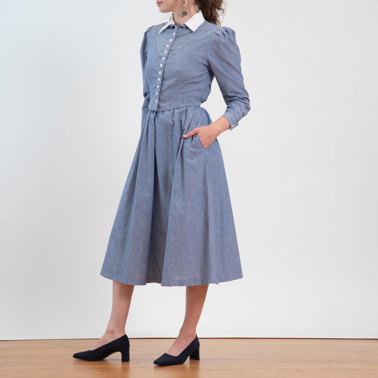Vintage 80s Does 40s Lanz Blue Pinstriped Jacket-Front Dress - Medium | Two In One Chambray Midi Shirtdress