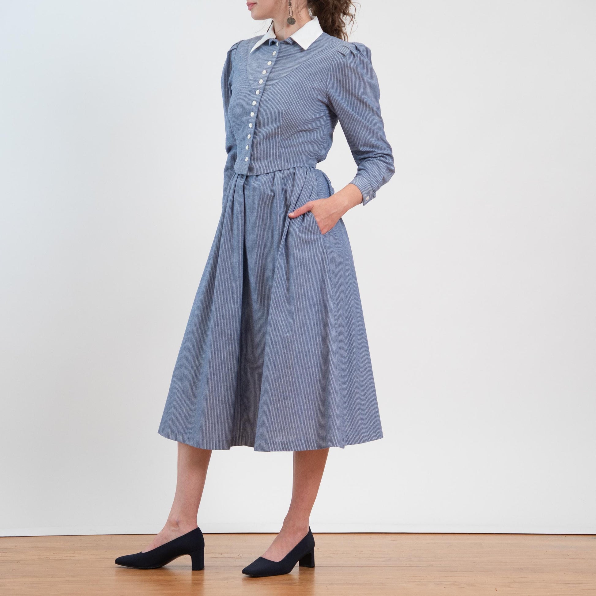Vintage 80s Does 40s Lanz Blue Pinstriped Jacket-Front Dress - Medium | Two In One Chambray Midi Shirtdress
