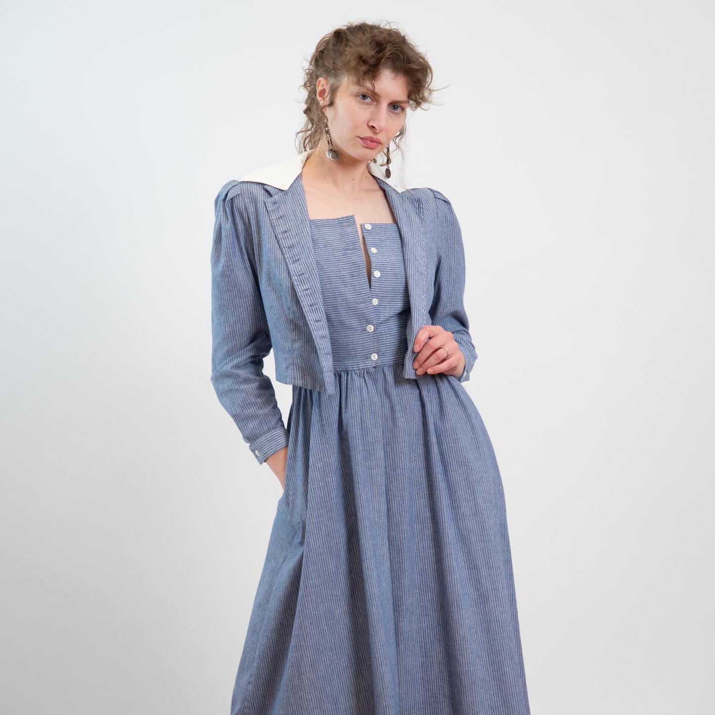 Vintage 80s Does 40s Lanz Blue Pinstriped Jacket-Front Dress - Medium | Two In One Chambray Midi Shirtdress