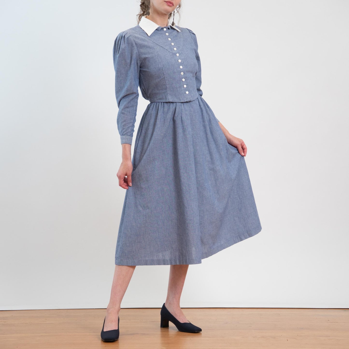 Vintage 80s Does 40s Lanz Blue Pinstriped Jacket-Front Dress - Medium | Two In One Chambray Midi Shirtdress