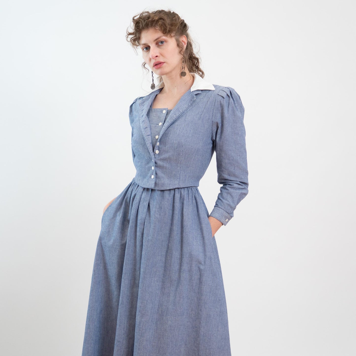 Vintage 80s Does 40s Lanz Blue Pinstriped Jacket-Front Dress - Medium | Two In One Chambray Midi Shirtdress