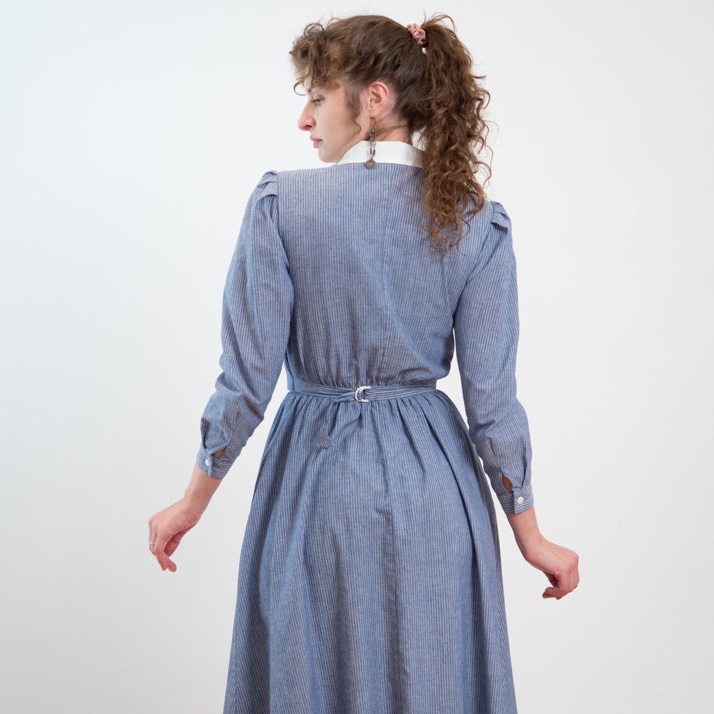 Vintage 80s Does 40s Lanz Blue Pinstriped Jacket-Front Dress - Medium | Two In One Chambray Midi Shirtdress